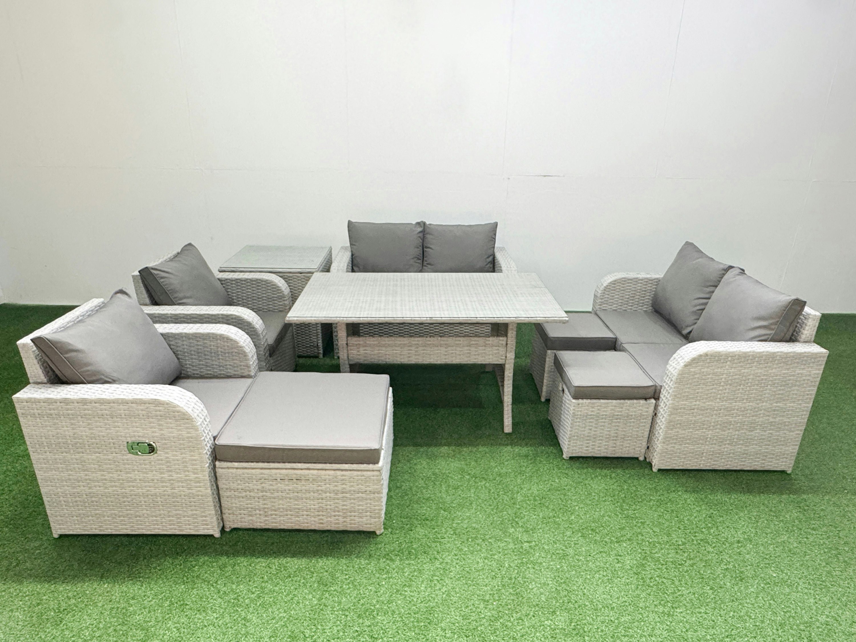 Rackhams Light/Grey 9 Seater Outdoor Reclining Chair Love Sofa Set Rattan Garden Furniture Set With Rectangular Dining Table 3 Stools Side Table