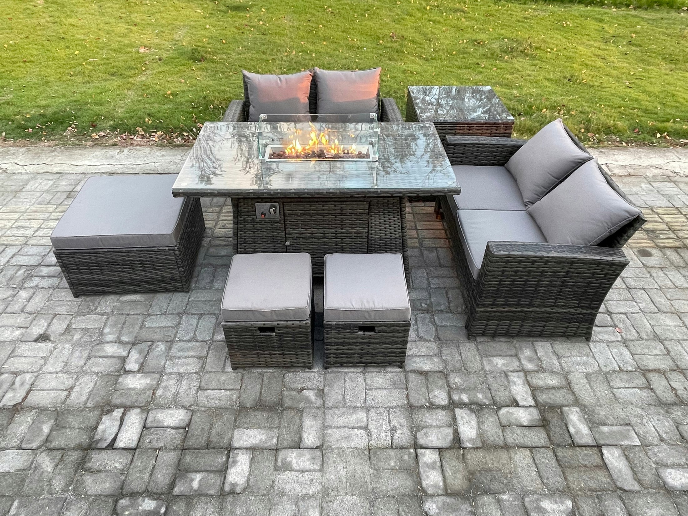 Fimous 7 Seater Rattan Garden Furniture Set Outdoor Lounge Sofa Chair Gas Fire Pit Dining Table Set With 3 Footstools Double Seat Sofa Side Table