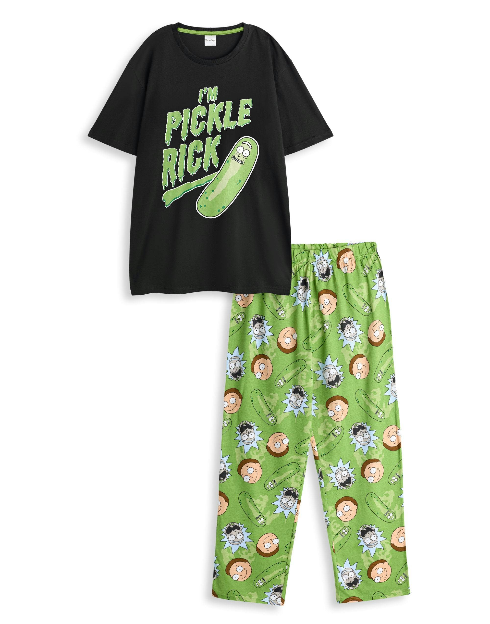 Vanilla Underground Men's Black Rick And Morty Multicoloured Pickle Rick Short Sleeve Long Leg Pyjama Set - XX-Large