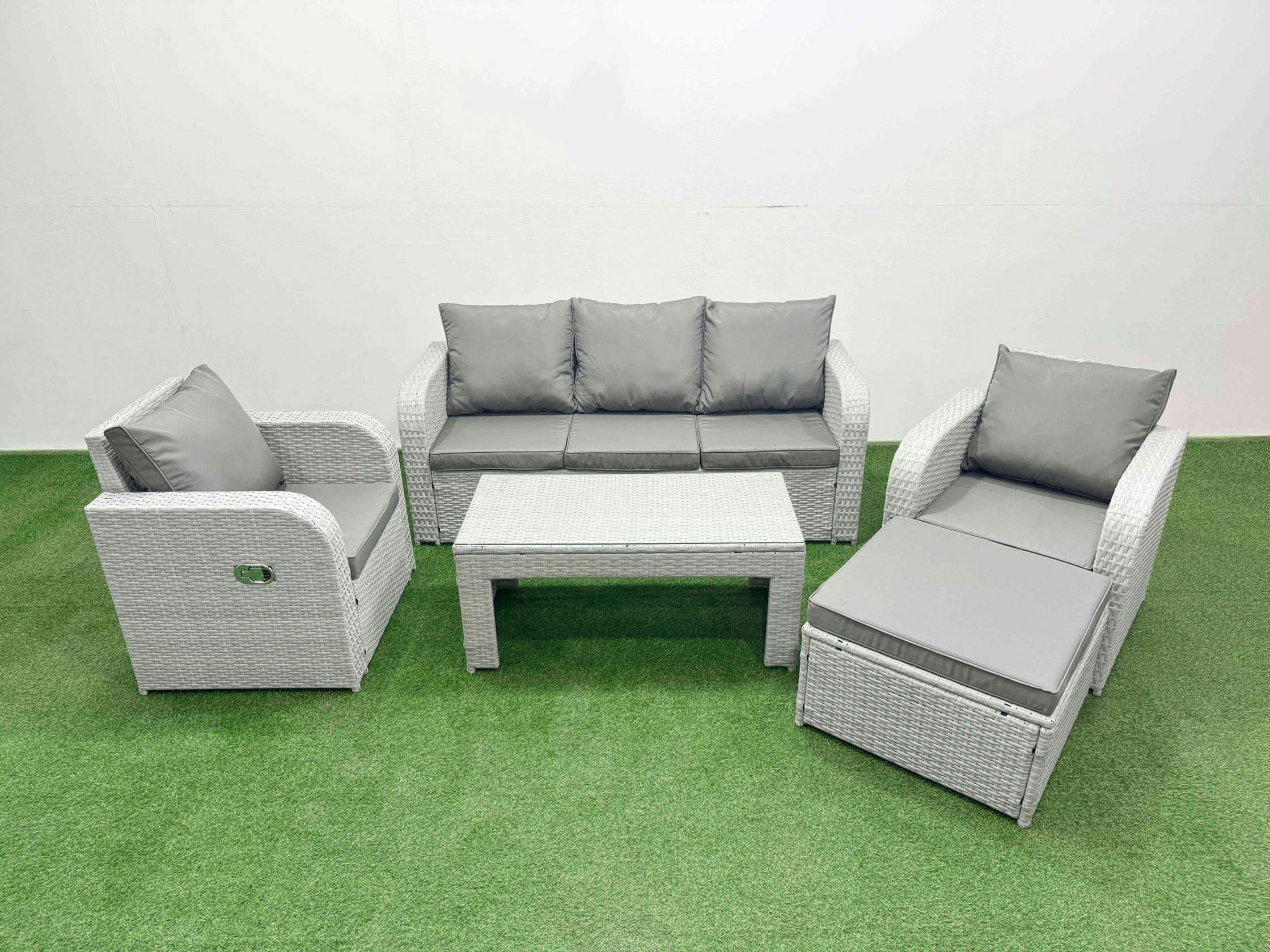 Fimous Light/Grey Pe Rattan Garden Furniture Set Reclining Chair Sofa Lounge Sofa Set Rectangular Coffee Table Big Footstool