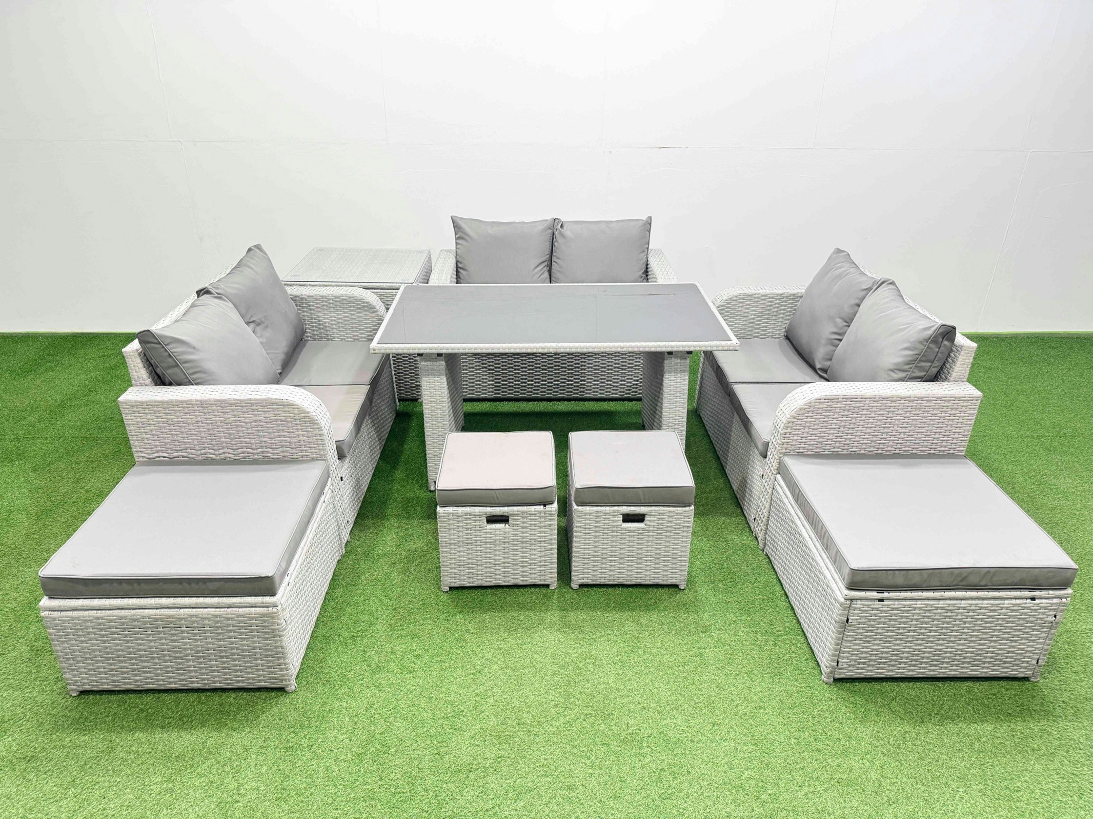 Fimous Black/Light/Grey 10 Seater Patio Garden Furniture Sets With Glass Top Dining Table Love Sofa Side Table 4 Stools