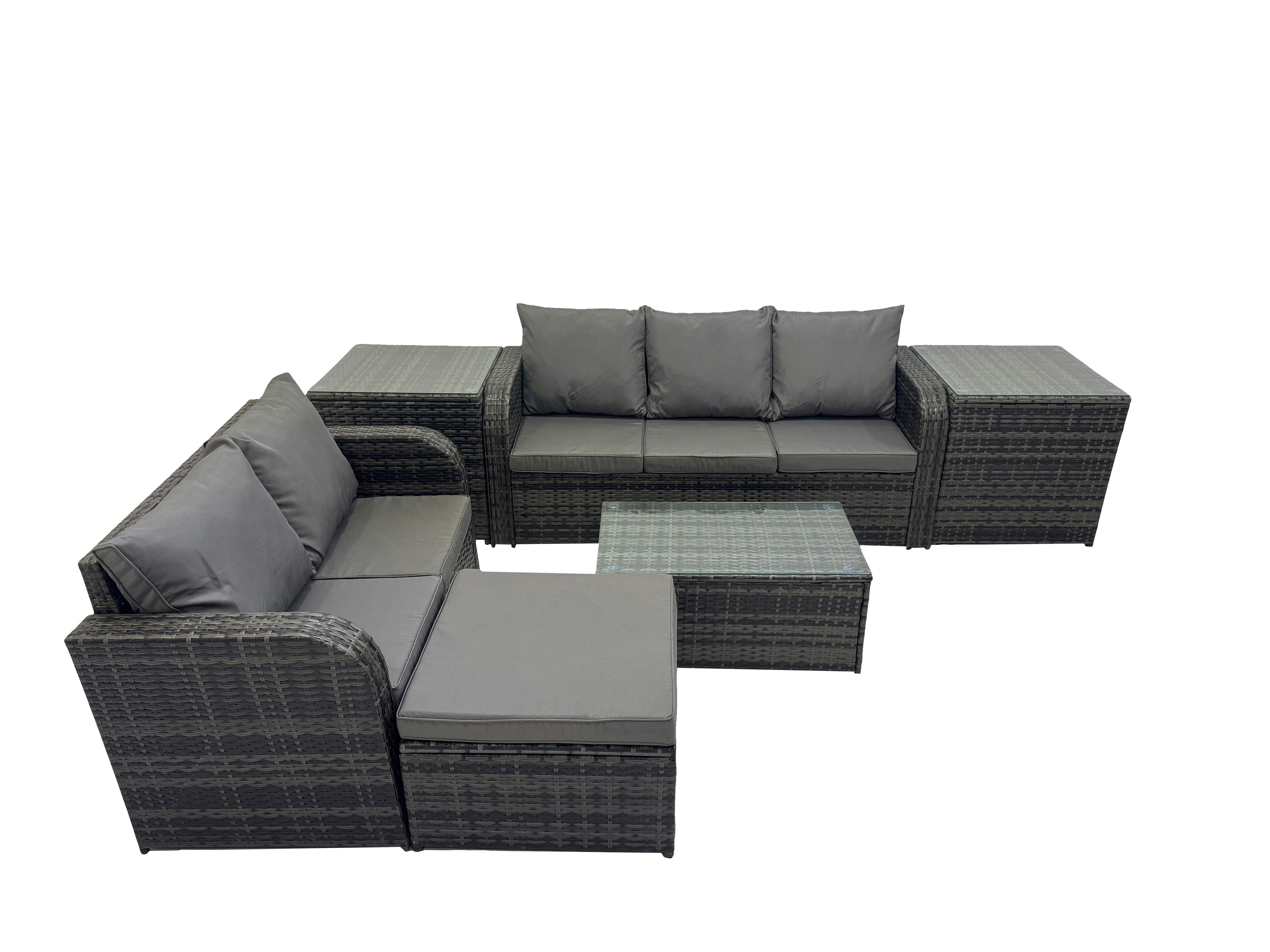 Fimous Dark/Grey Outdoor Love Sofa 3 Seater Sofa Coffee Table Set Garden Rattan Furniture Set 6 Seater With 2 Side Tables Big Stool