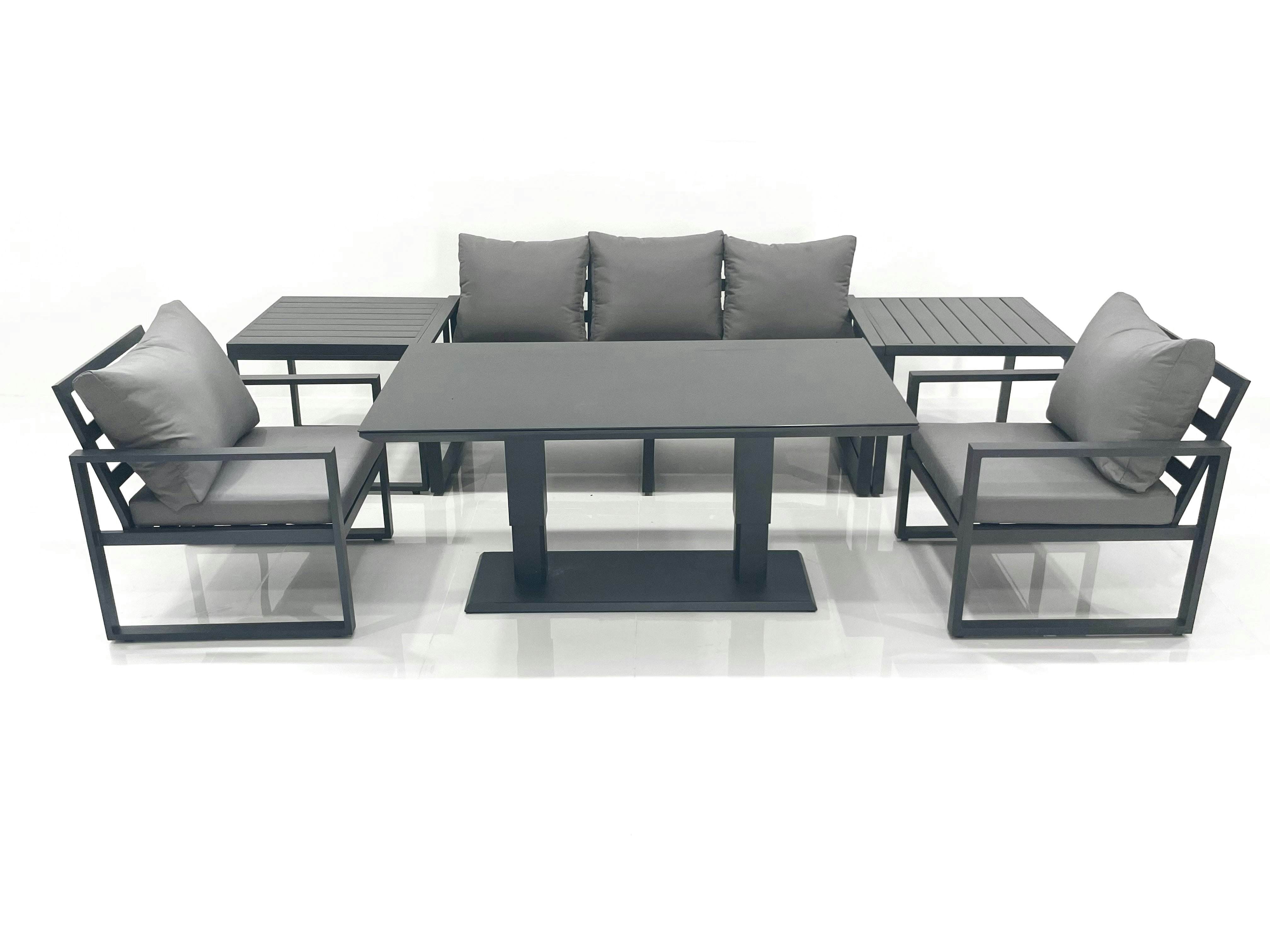 Rackhams Dark/Grey Outdoor Aluminium Garden Furniture Set With Adjustable Rising Lifting Dining Table 3 Seater Sofa 2 Chair 2 Side Tables