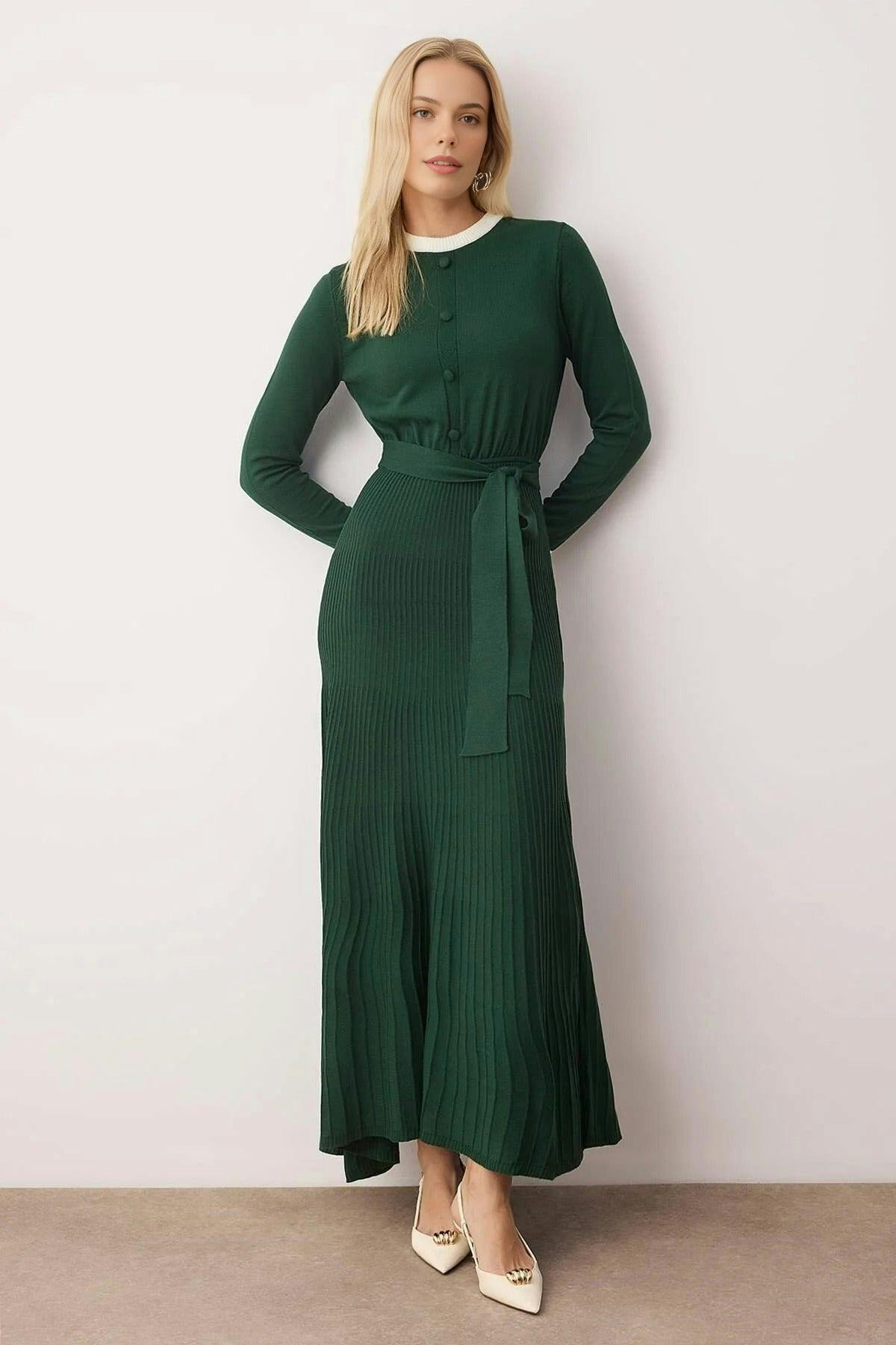 Wovcor Green Pleated Knit Dress - Emerald - M