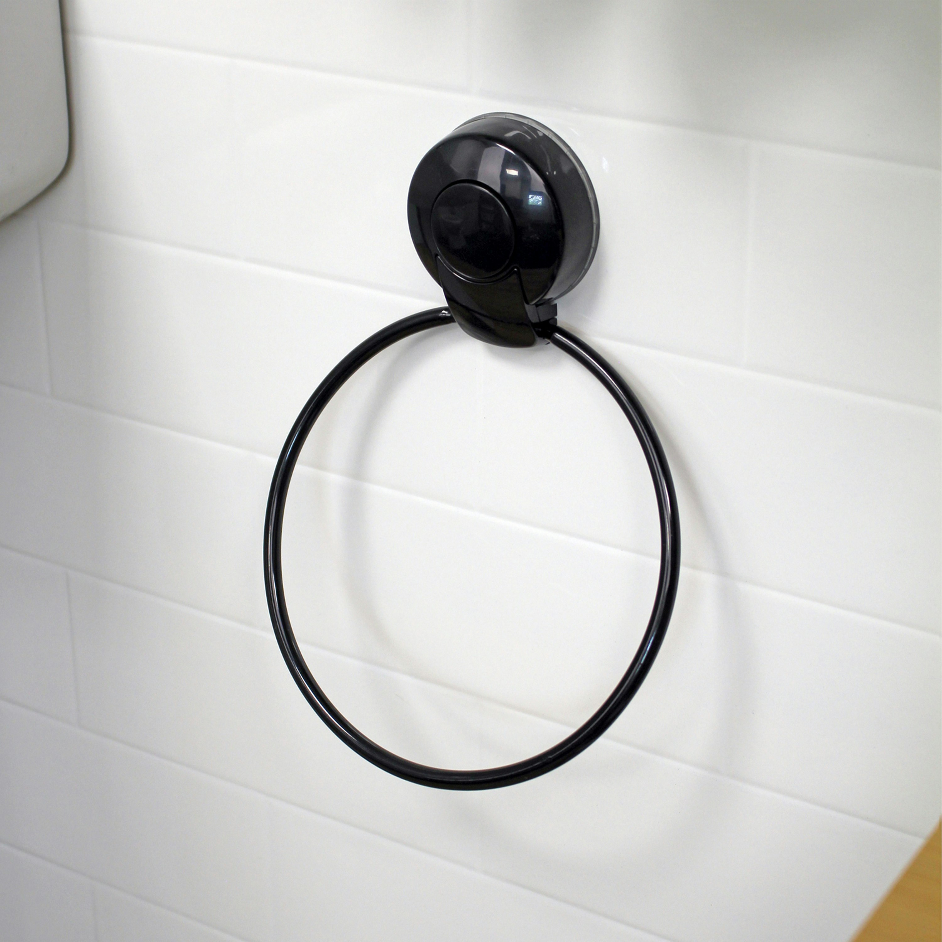 Showerdrape Black Suctionloc Steel Suction Wall Mounted Towel Ring