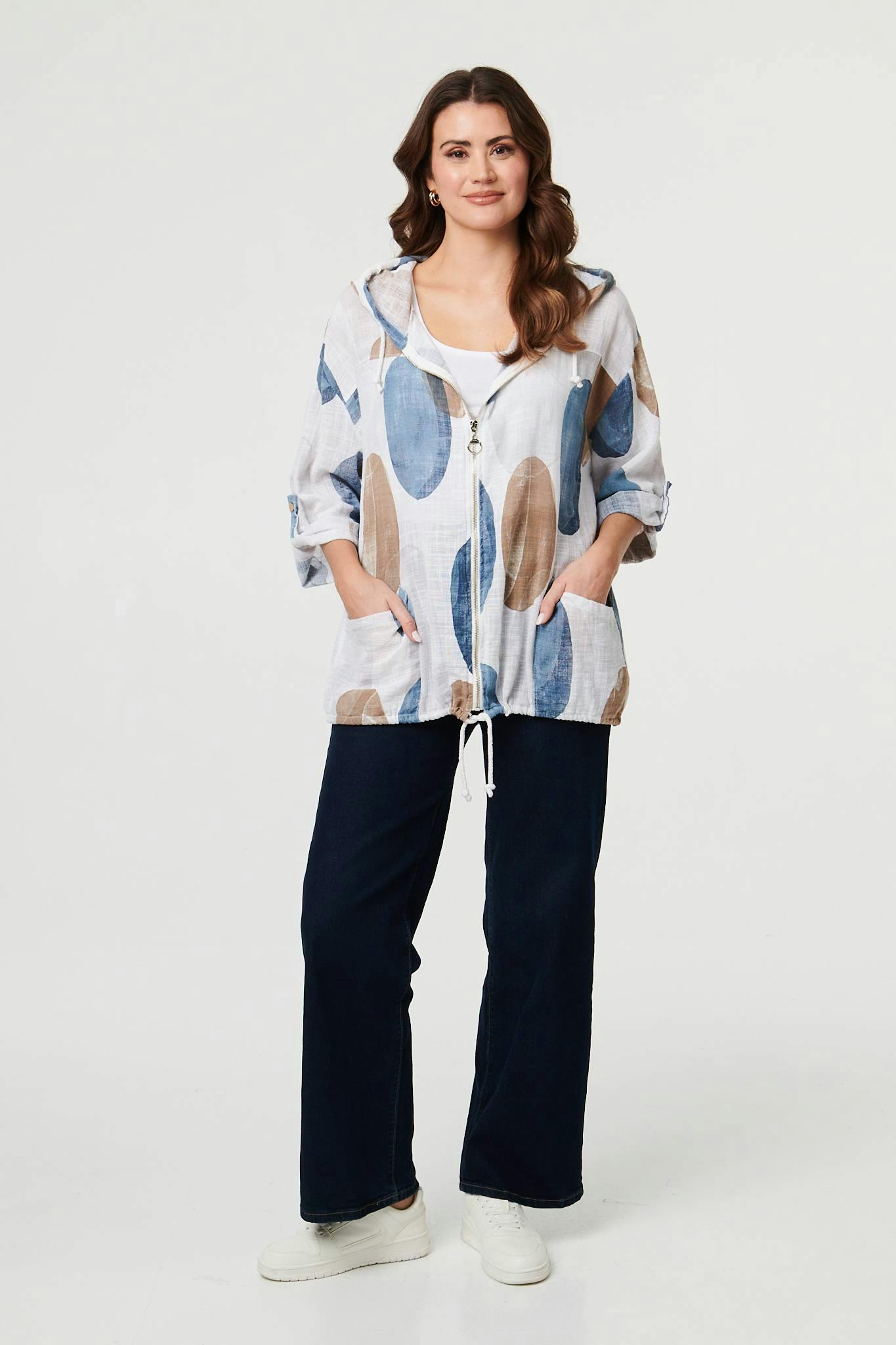 Izabel London White Abstract Relaxed Hood Drawstring Jacket - L/Xl