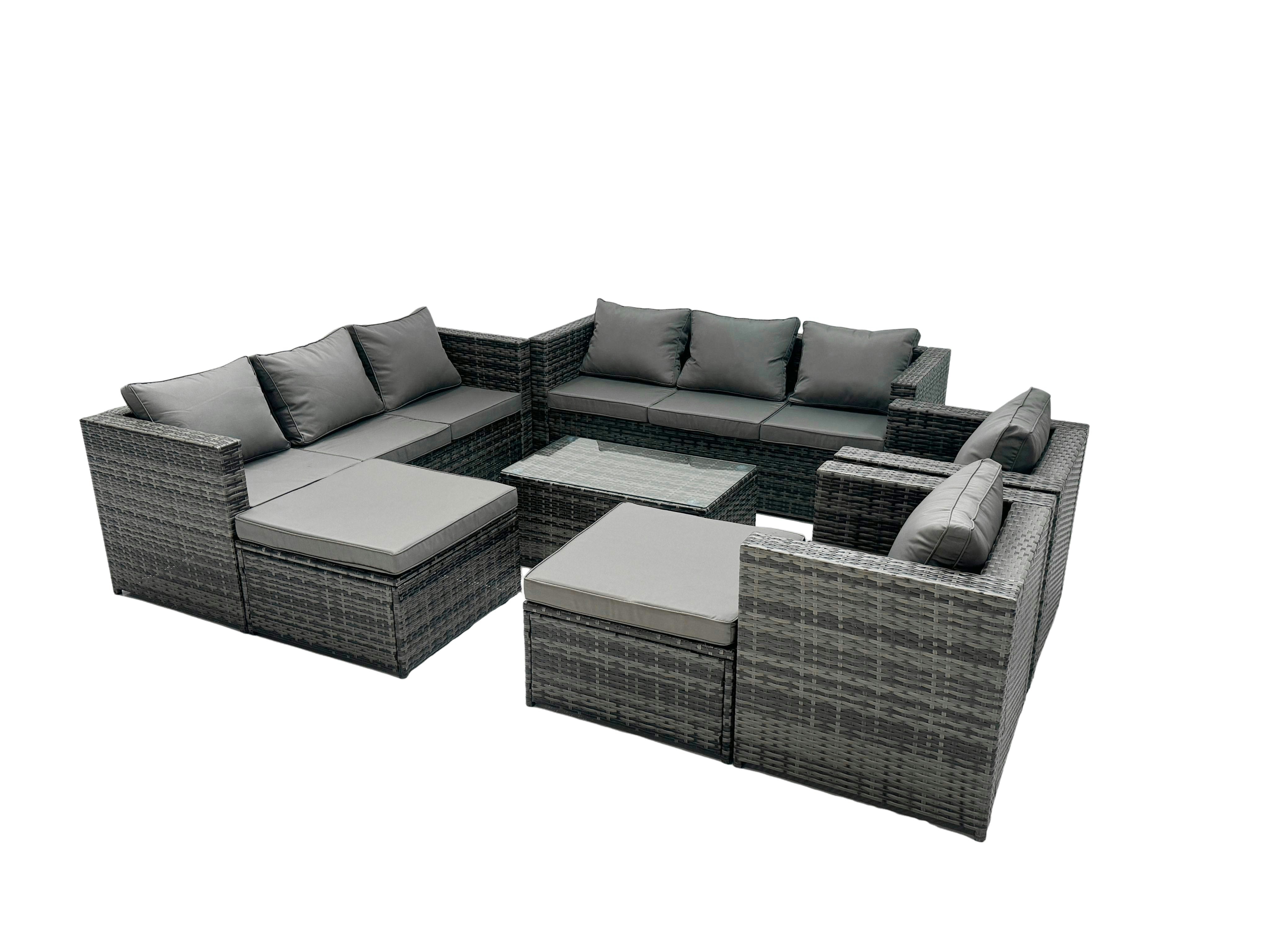 Rackhams Dark/Grey Rattan Garden Furniture Dining Set 10 Seater Patio Coffee Table Sofa Set With 2 Big Stools Mixed