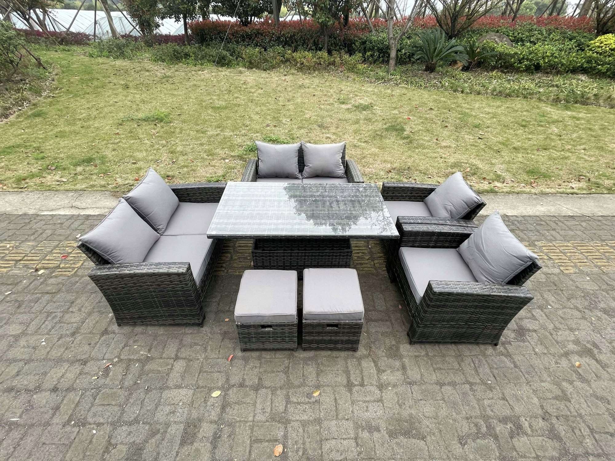 Rackhams Rattan Outdoor Furniture Adjustable Rising Lifting Rectangle Dining Table Chairs Two Seater Love Sofa Sets Footstools 8 Seater