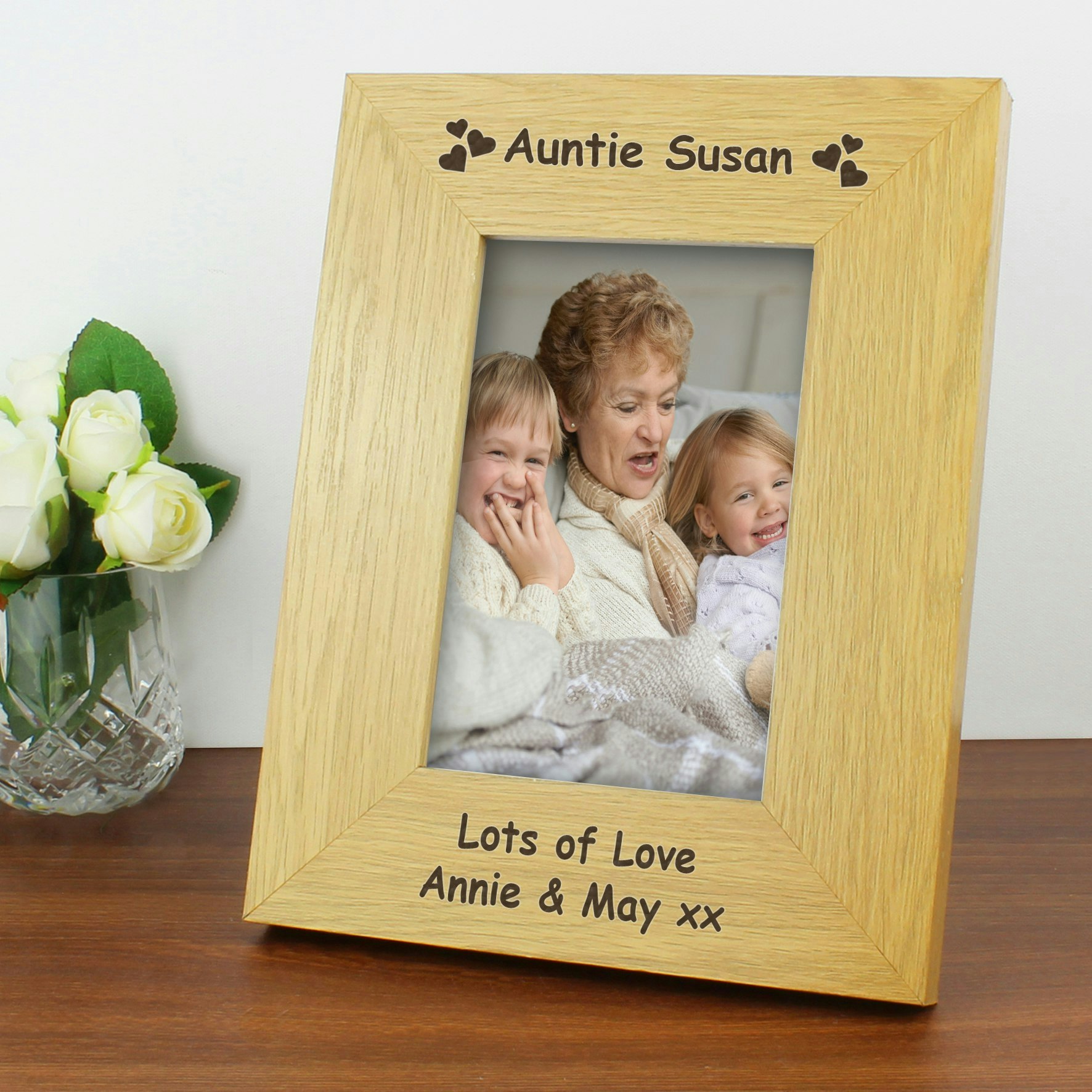 Personalised Memento Company Personalised Hearts 6X4 Oak Finish Photo Frame
