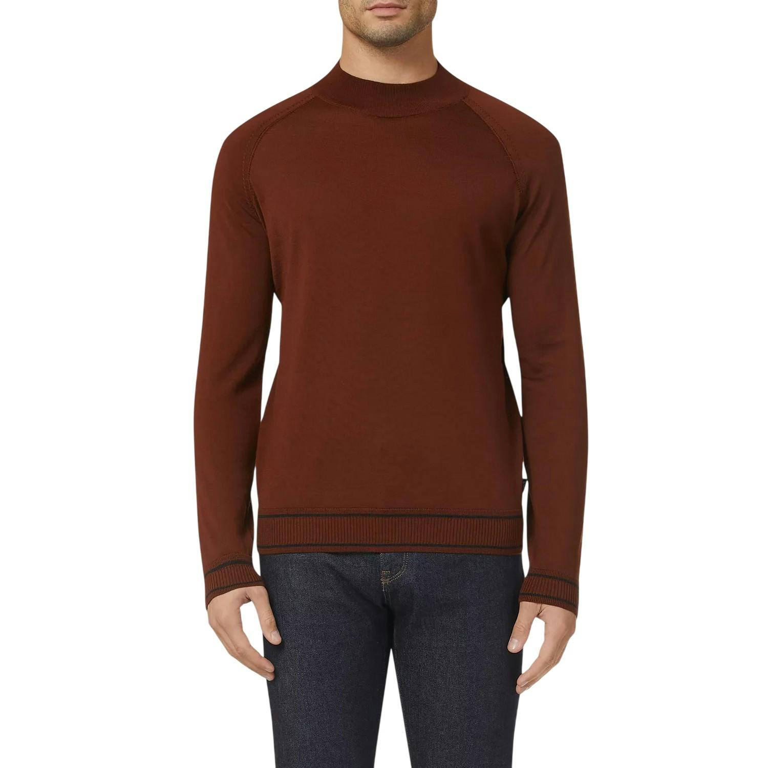 Boss Men's Brown Mock Neck Regular Raglan Sweater Top - Medium - Xl - Medium - 70% Virgin Wool/30% Lyocell