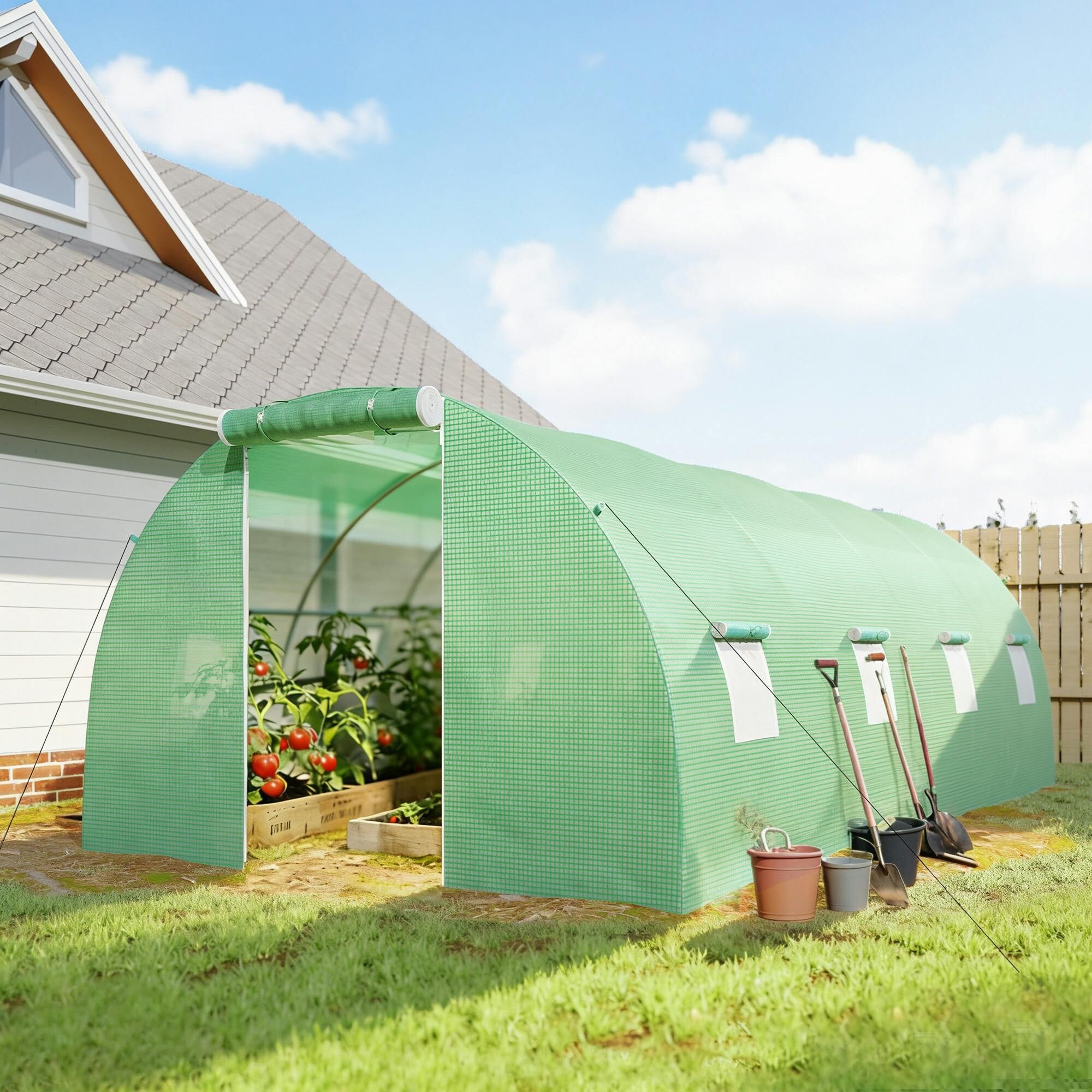 Outsunny Green 6 X 3 M Walk-In Polytunnel House, Zipped Door, 8 Mesh Windows,