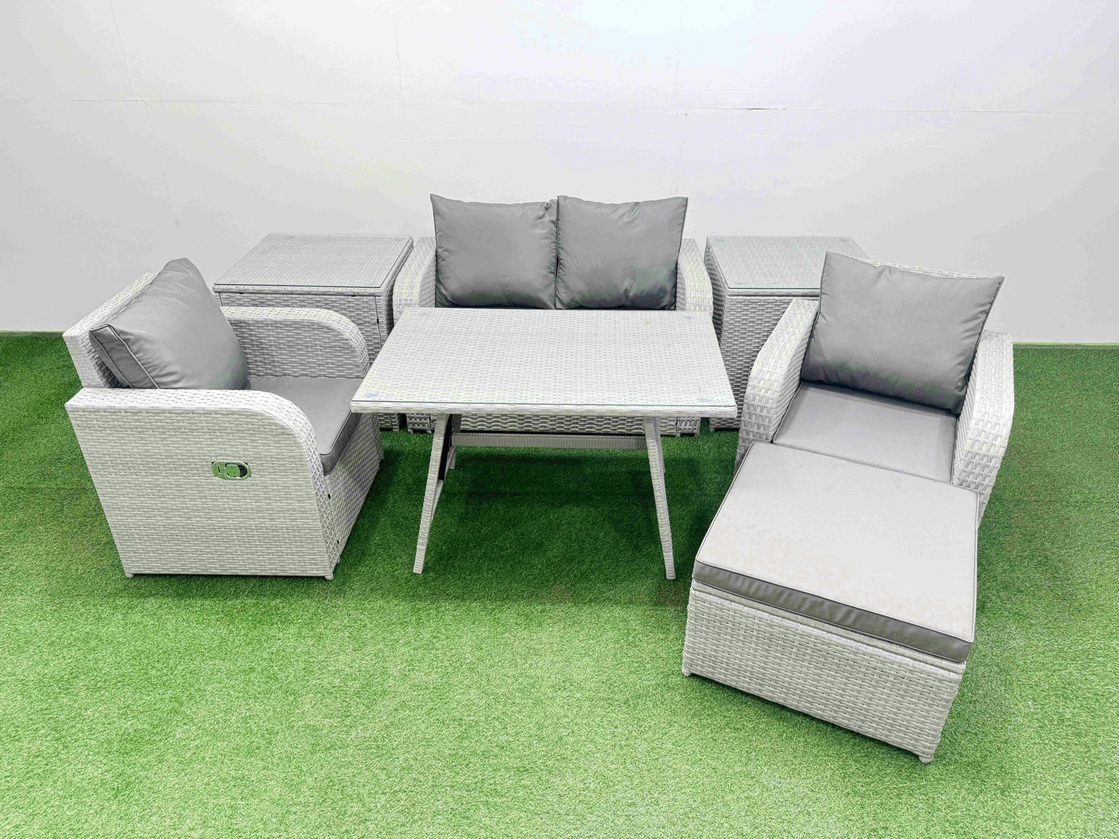 Fimous Light/Grey Pe Wicker Rattan Garden Furniture Set Sofa Set Reclining Chair Love Sofa Rectangular Dining Table Big Stool 2 Side Tables