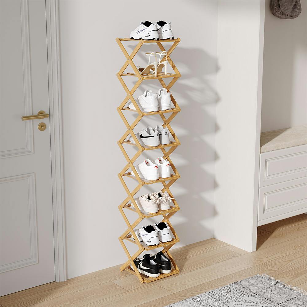 Rackhams 9 Tier Bamboo Folding Shoe Rack Shoe Storage Organiser - Natural - Natural - L