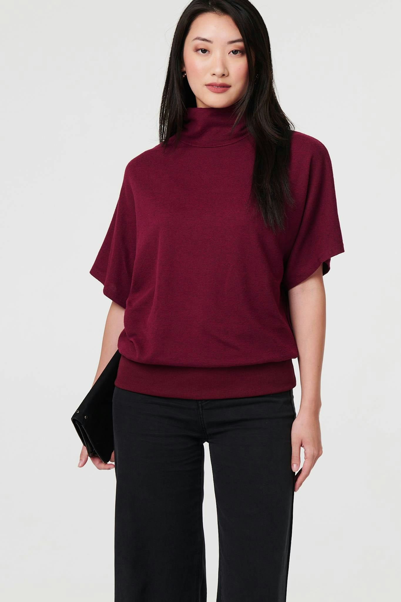 Izabel London Red Roll Neck Button Back Relaxed Knit Top - 16