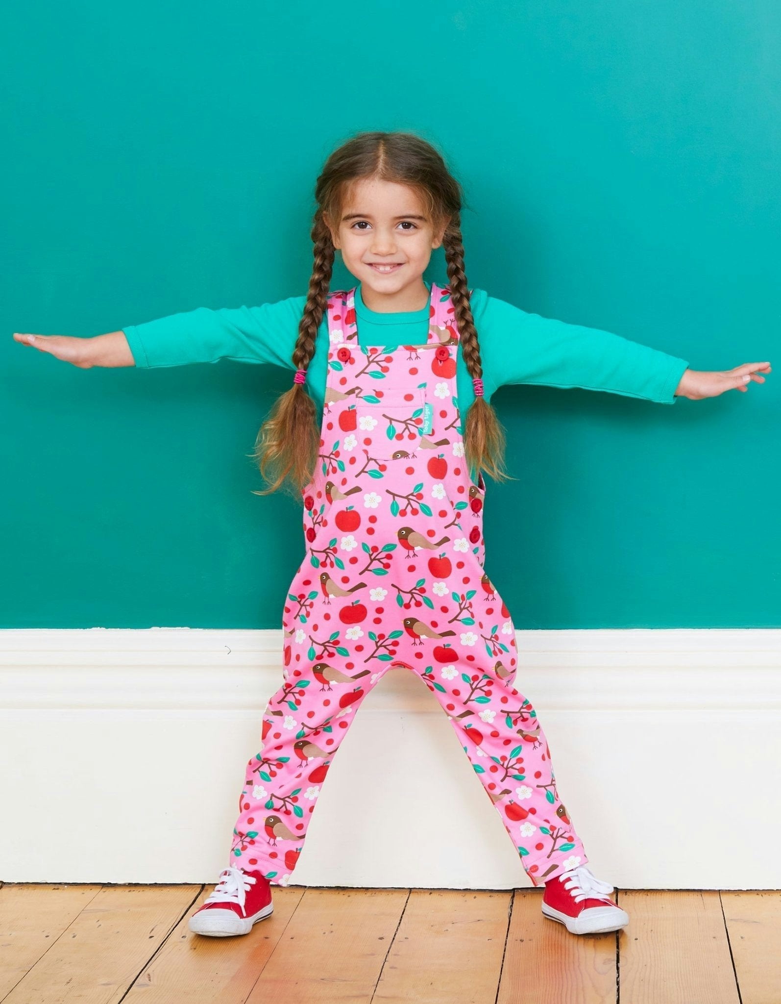 Toby Tiger Pink Organic Robin Print Dungarees - 3-4Y / 104Cm