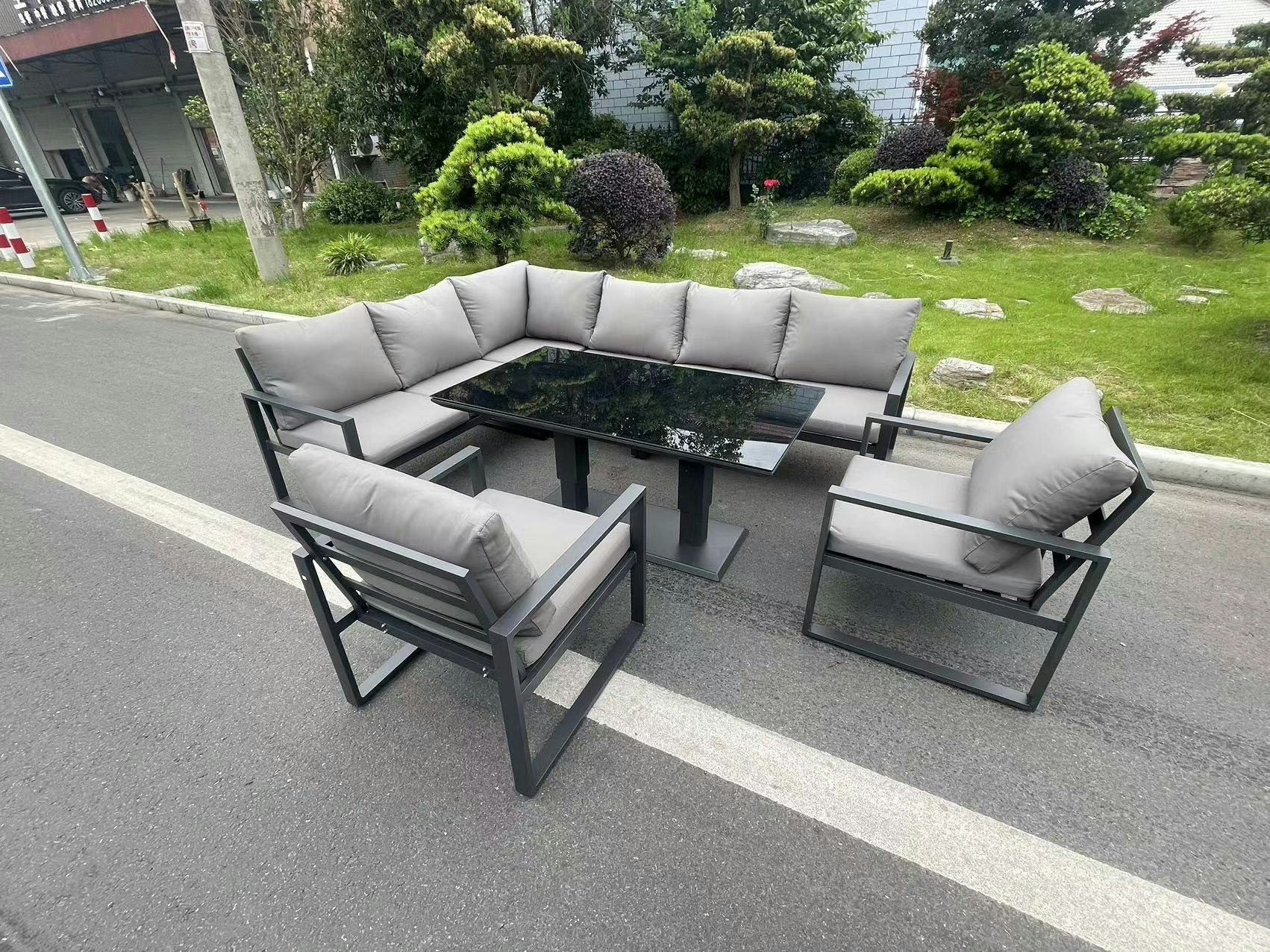 Fimous Black/Dark/Grey Aluminum Outdoor Garden Furniture Corner Sofa Chair Adjustable Rising Lifting Dining Table Sets Tempered Glass 8 Seater