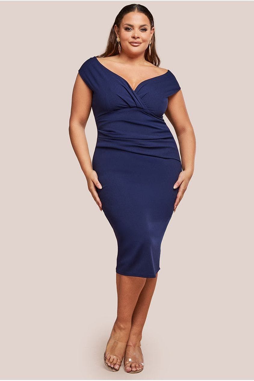 Goddiva Plus Scuba Bardot Pleated Midi Dress - Navy By - Navy - 20