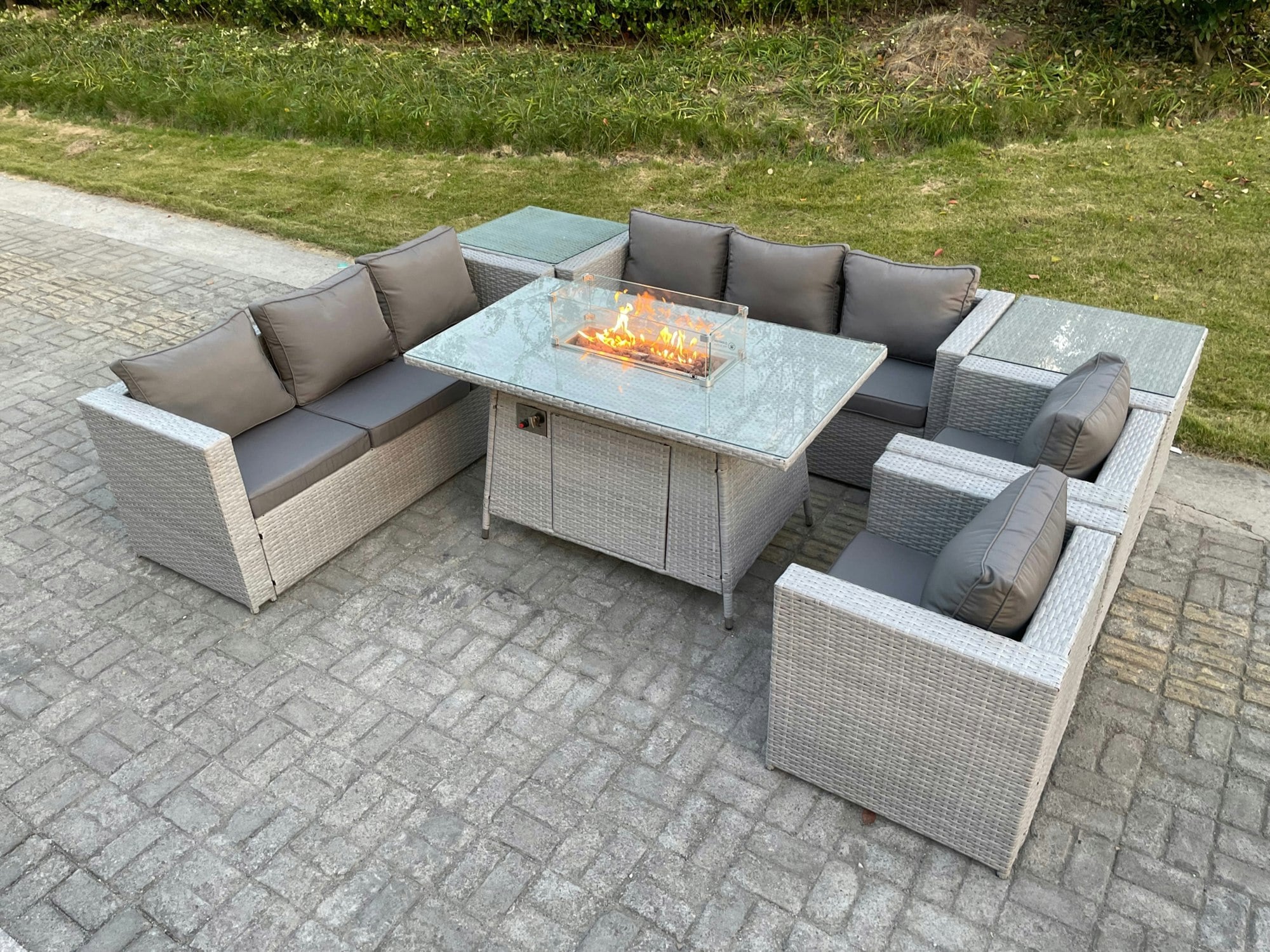 Fimous Light/Grey Rattan Fire Pit Garden Furniture Set Gas Heater Burner Lounge Sofa Dining Set 2 Side Coffee Table And Chairs