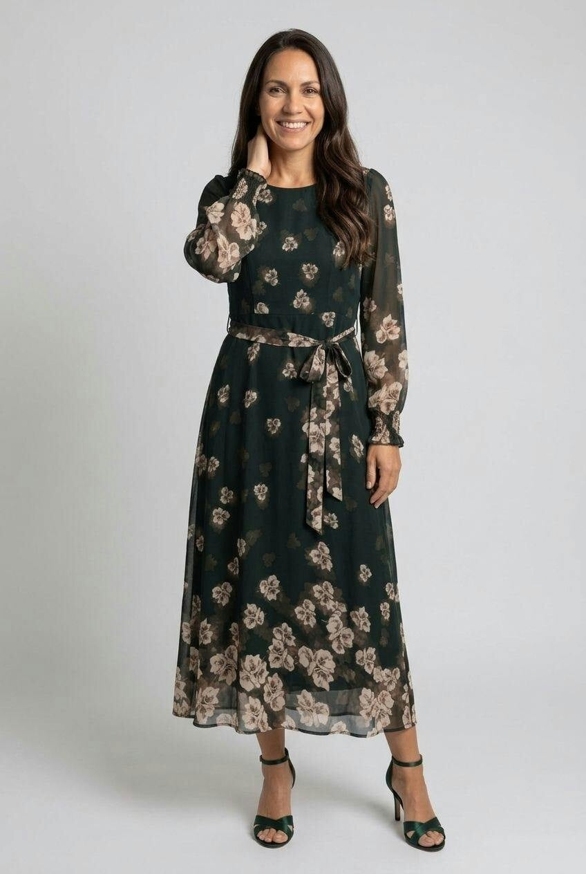 Izabel London Green Floral Layer Long Sleeve Midi Dress - 14