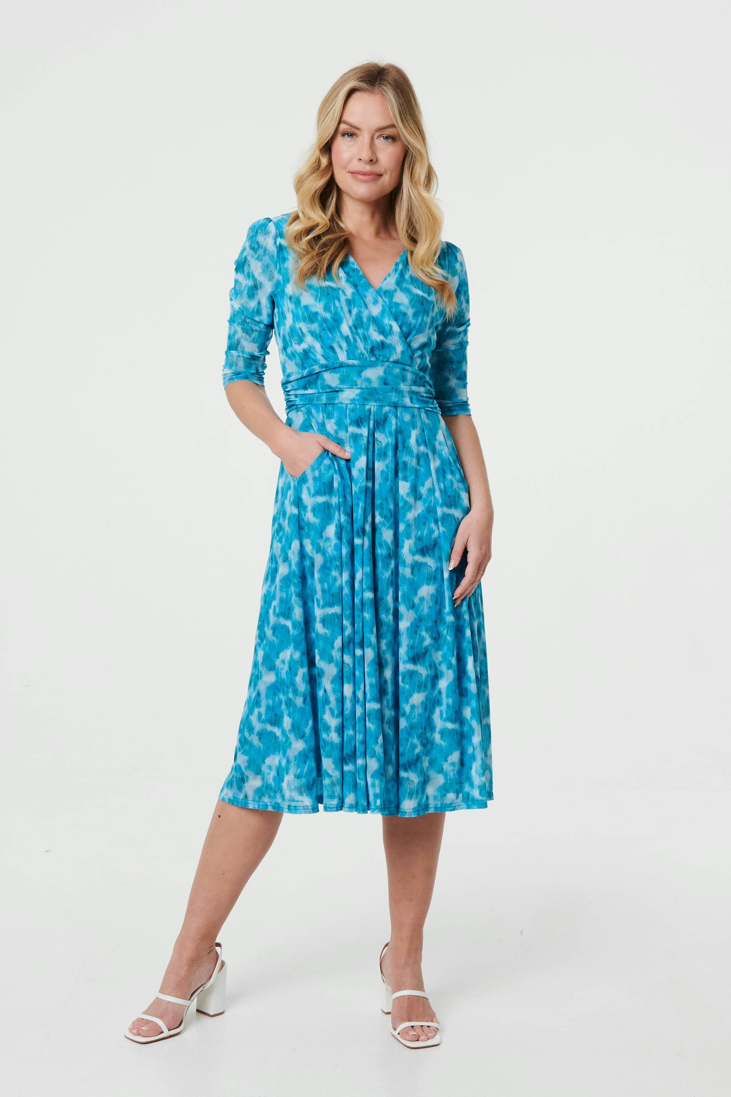 Izabel London Women's Green Printed 3/4 Sleeve Midi Faux Wrap Dress - Teal - 14