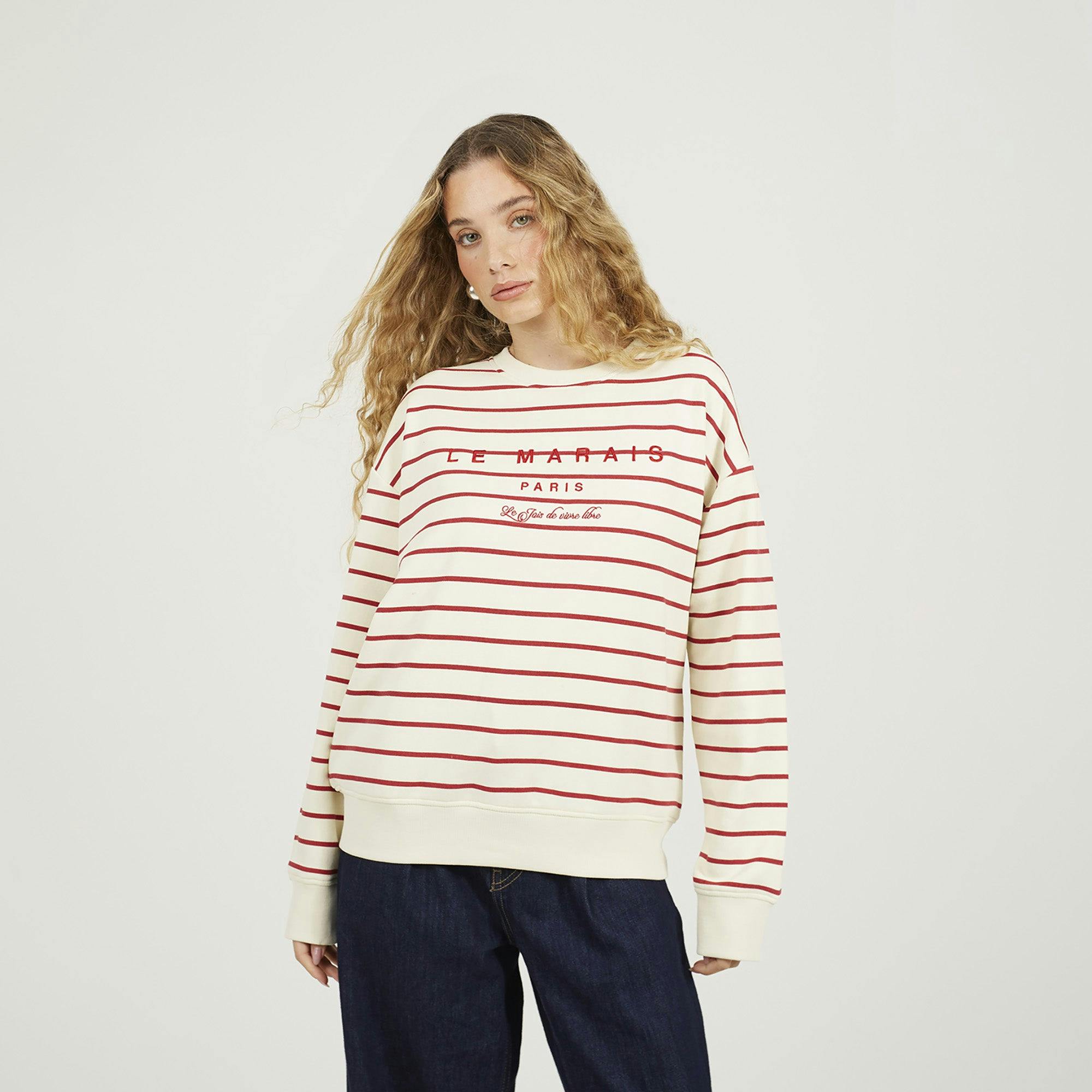 Brave Soul Red Stripe Embroide Crew Neck Sweatshirt - S