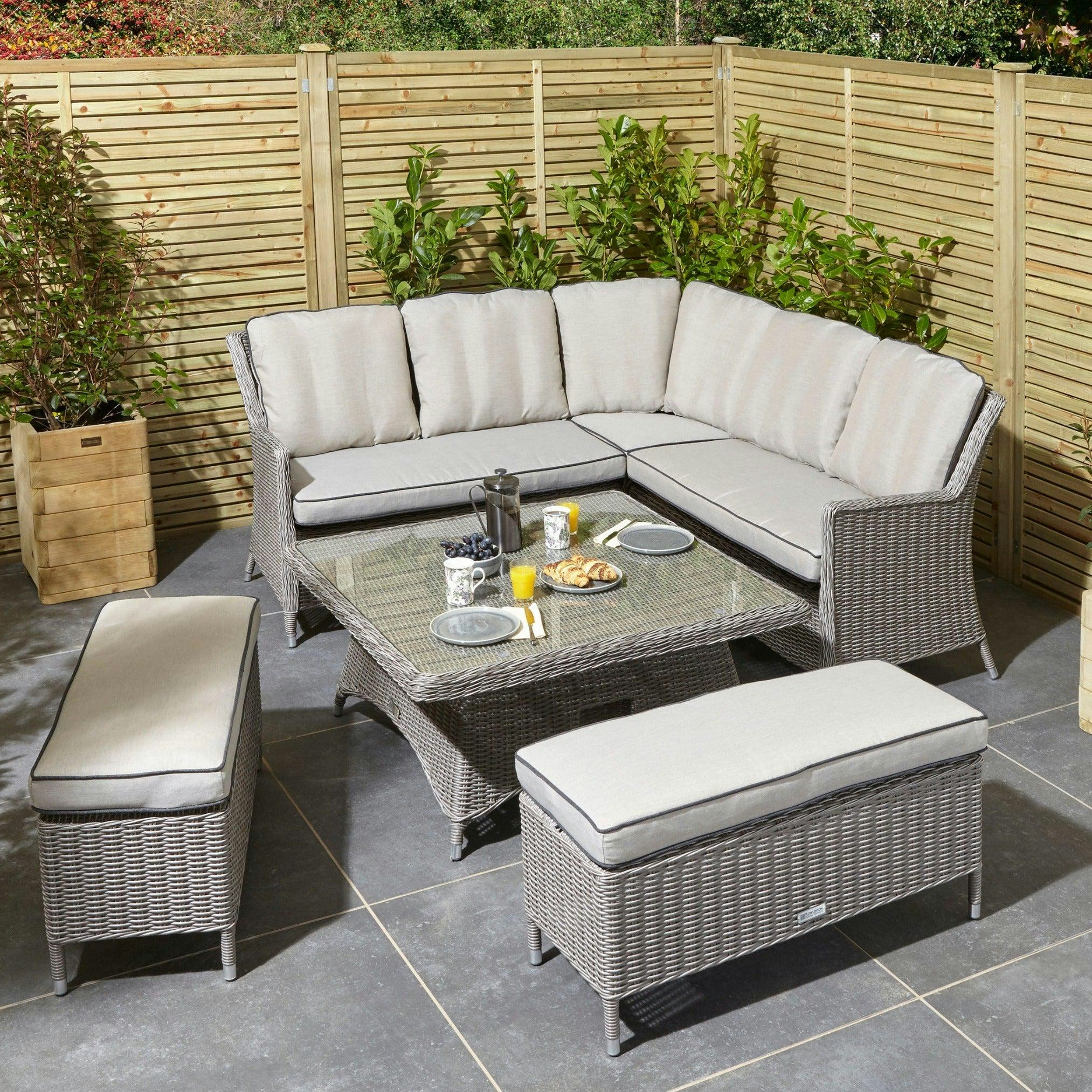 Rowlinson Grey Rattan Effect Corner Dining Set With Adjustable Height Table - Natural Stone