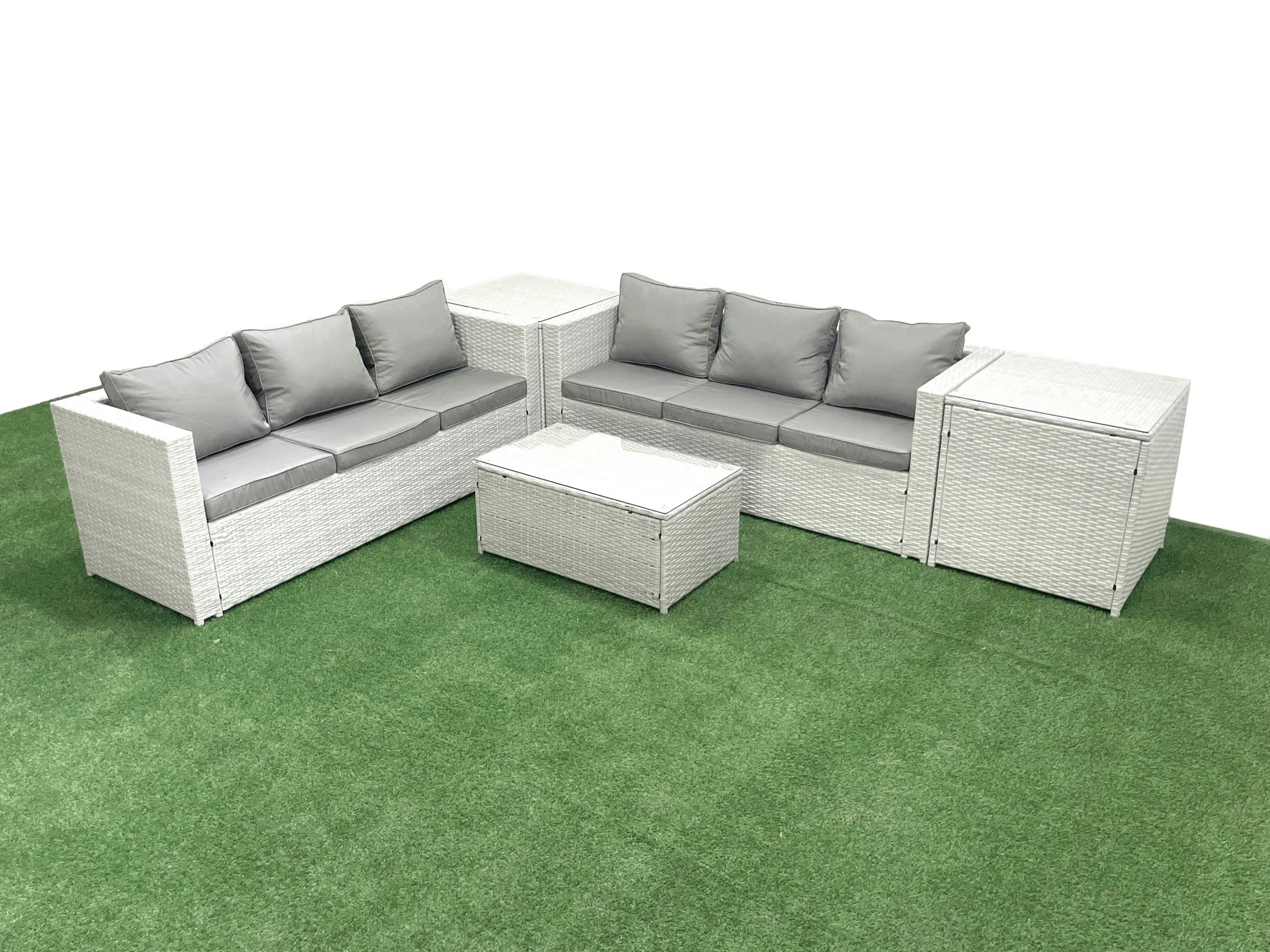 Fimous Light/Grey Garden Outdoor Pe Rattan Furniture Set 6 Seater Rattan Garden Sofa Set With 2 Side Tables Mixed