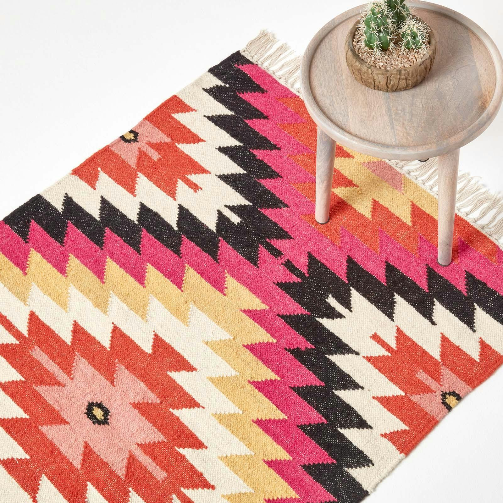 Rackhams Pink/Orange/Black Jakarta Handwoven Geometric Kilim Wool Rug - 160 X 230 Cm
