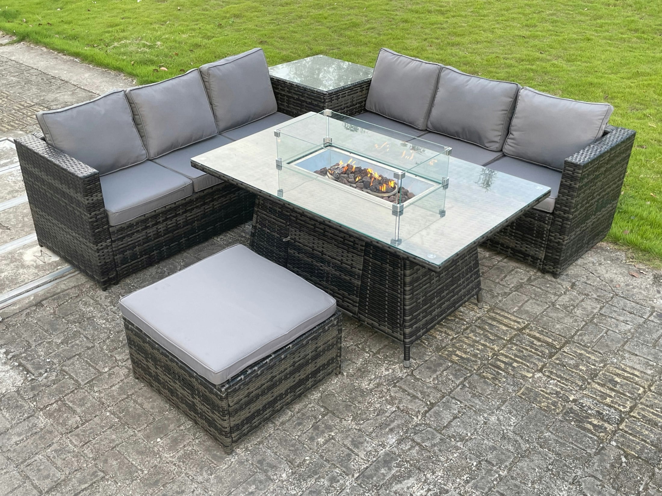 Fimous Dark/Grey Outdoor Pe Rattan Garden Corner Furniture Gas Fire Pit Table Sets Gas Heater Lounge Big Footstool 7 Seater