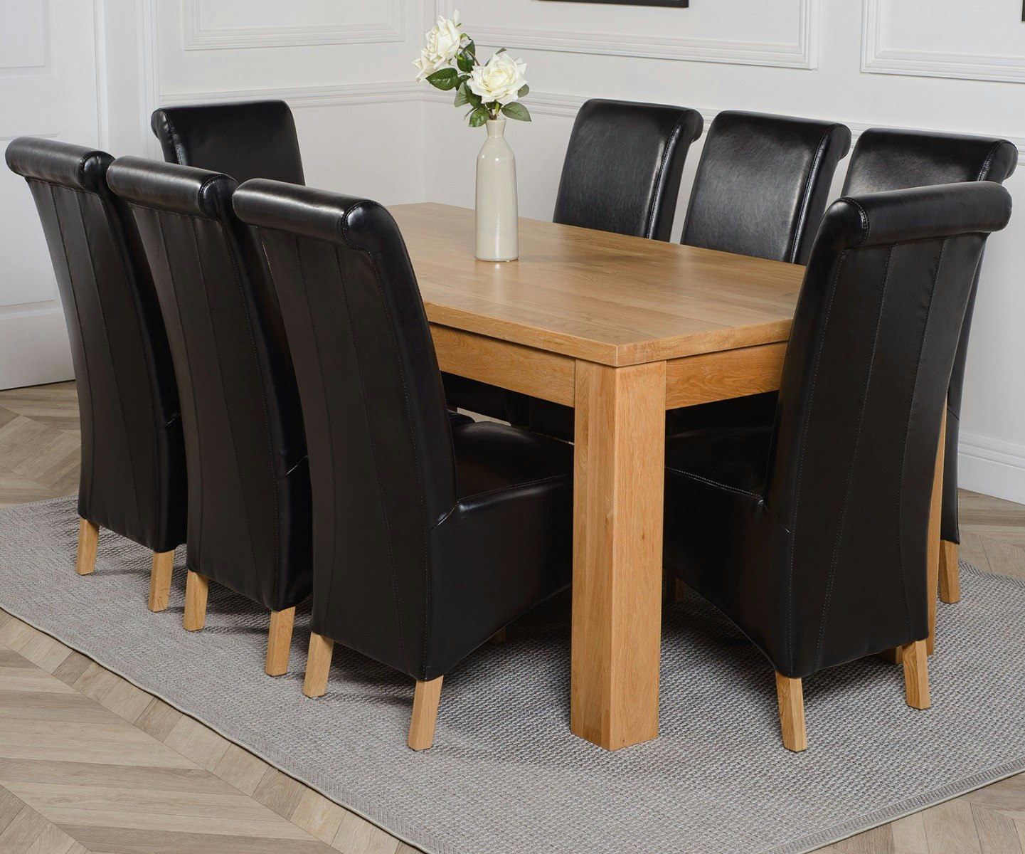 That's Furniture Black Dakota Large Oak Dining Table With Montana Leather Chairs - 8 Chairs