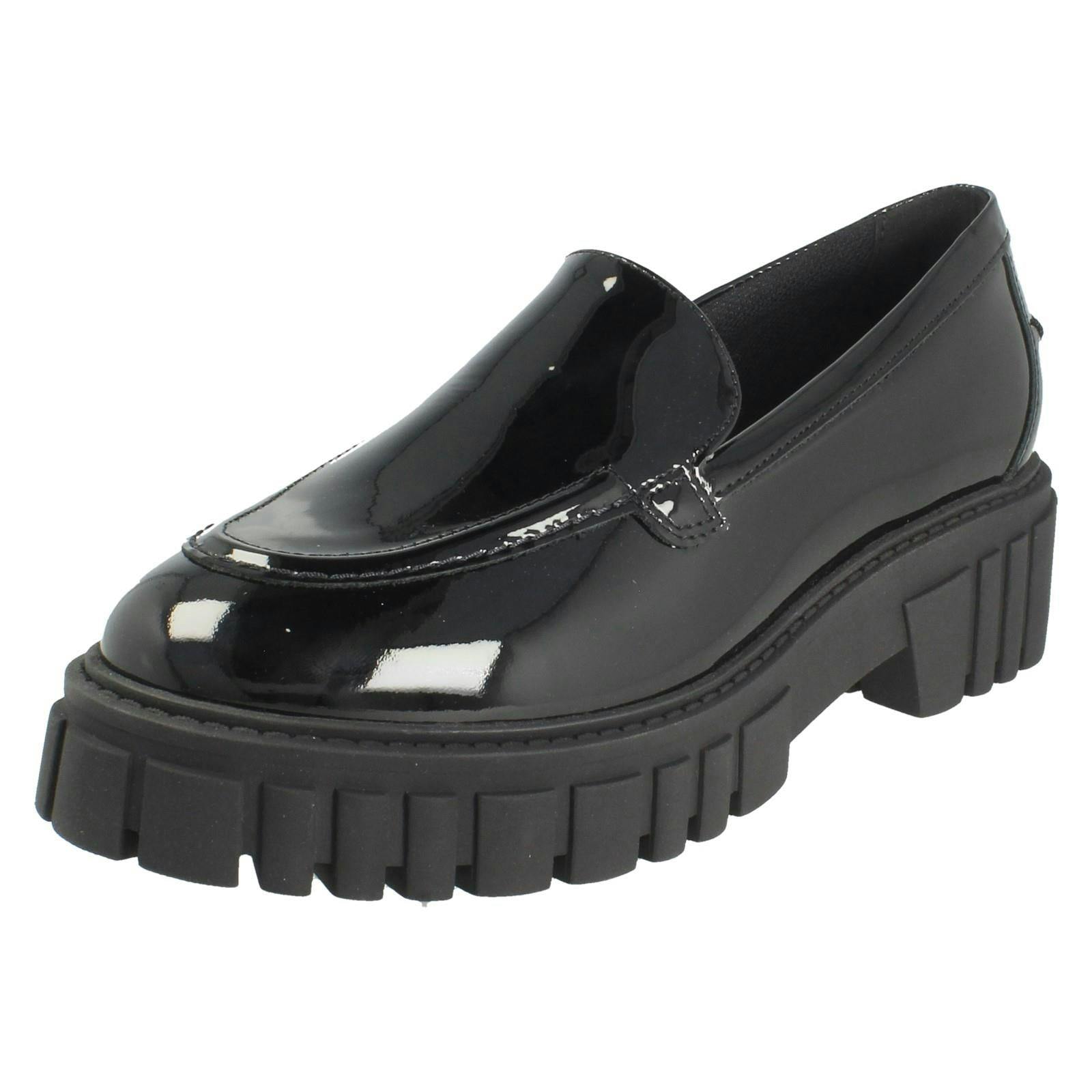 Clarks Women's Black Chunky Sole Slip On Loafer Smart Shoes Page Loafer - Patent - Uk 4