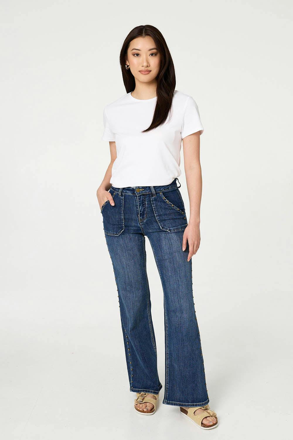 Izabel London Blue Stud Trim Detail High Waist Flare Jeans - 18