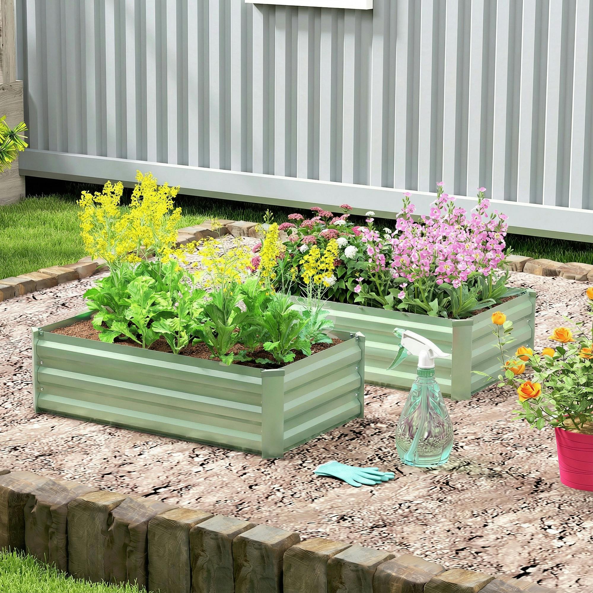 Outsunny Light/Green Set Of 2 Raised Garden Bed Galvanised Planter Box, - 100 X 60 X 30 Cm - Garden Bed Set
