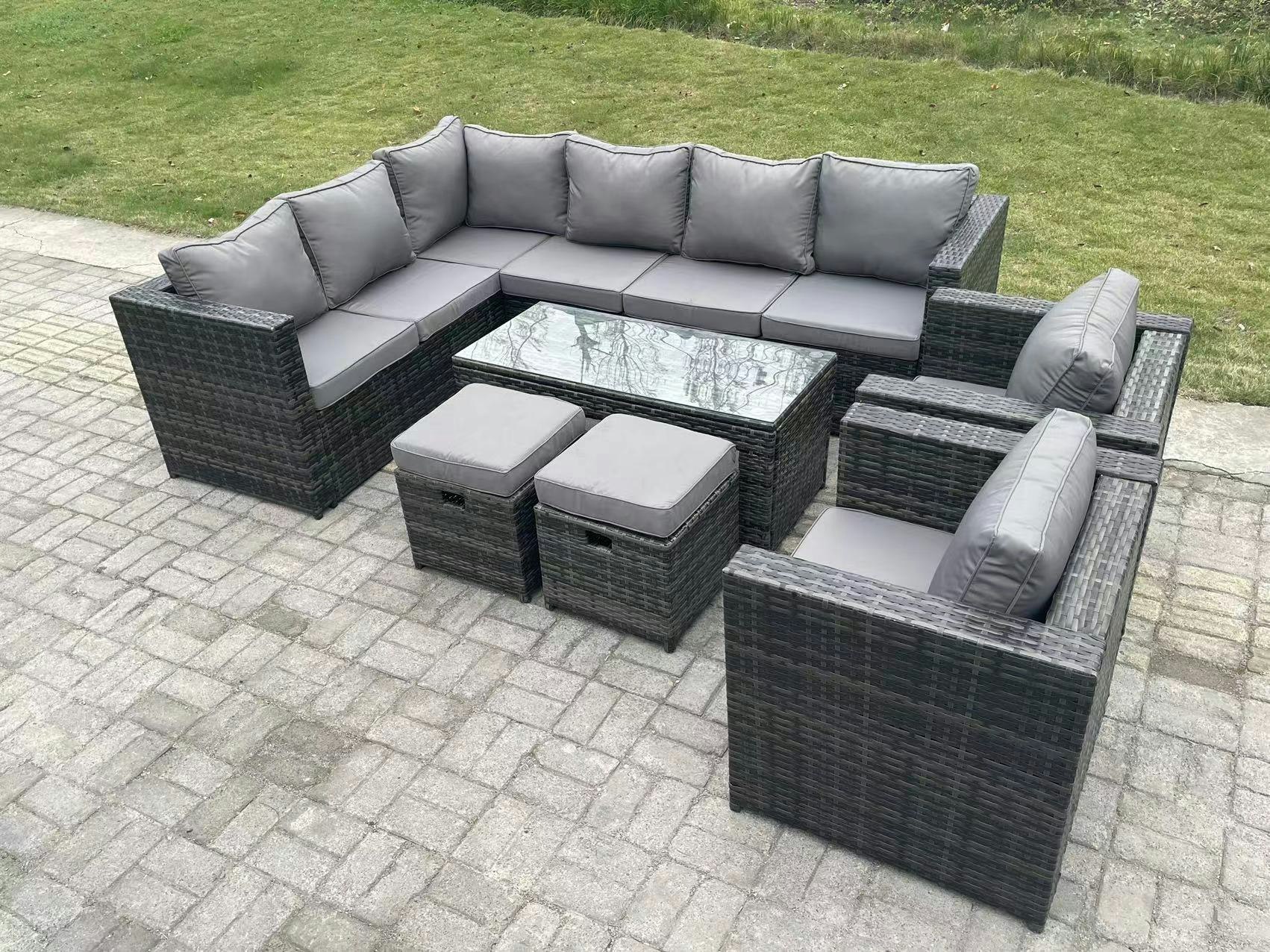 Rackhams Dark/Grey 10 Seater Rattan Corner Sofa Lounge Sofa Set With Rectangular Coffee Table 2 Stool Mixed Left Hand