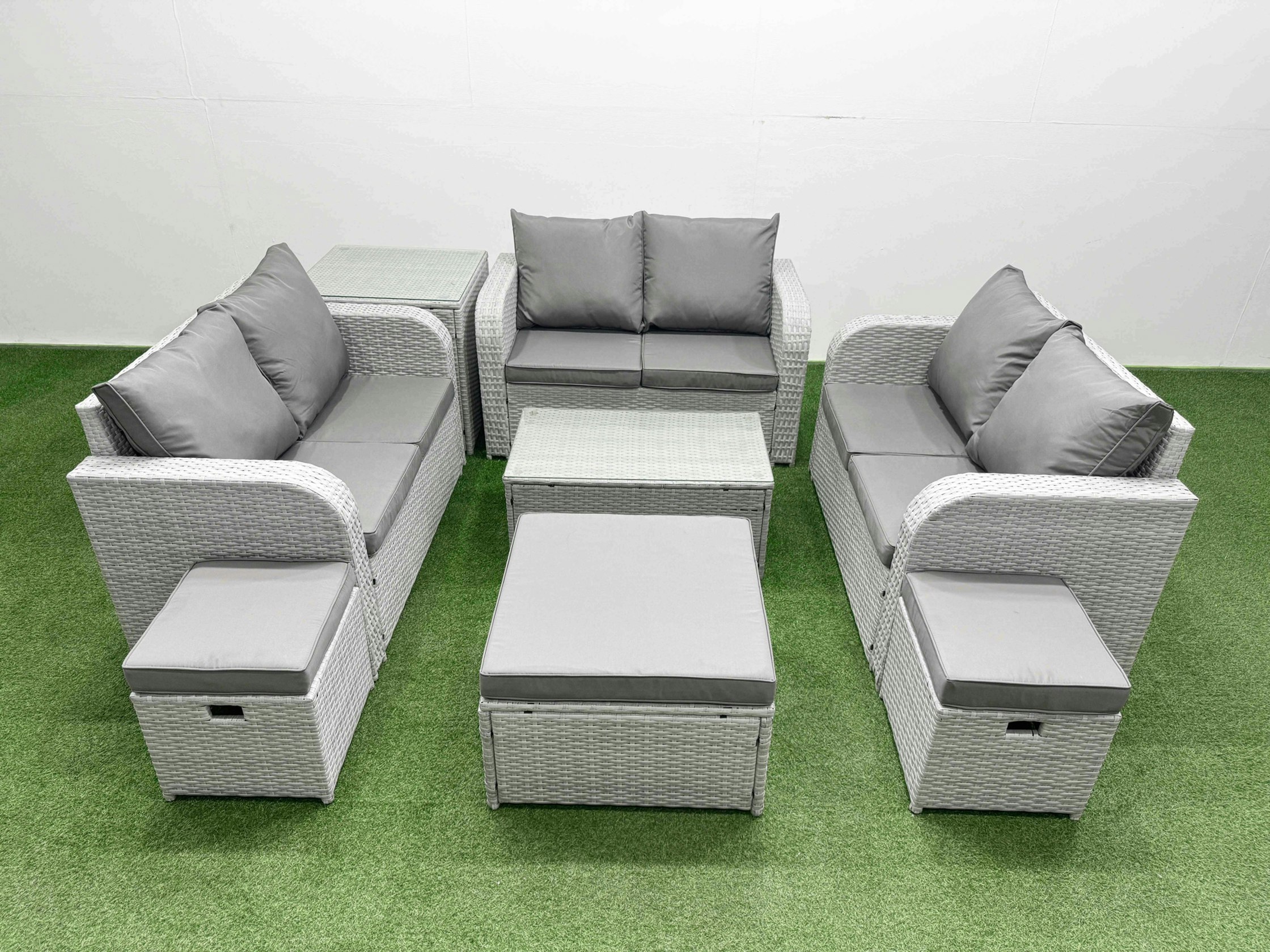 Rackhams Light/Grey 9 Seater Pe Wicker Rattan Furniture Sofa Sets With Rectangular Coffee Table 2 Seater Love Sofa 3 Stool