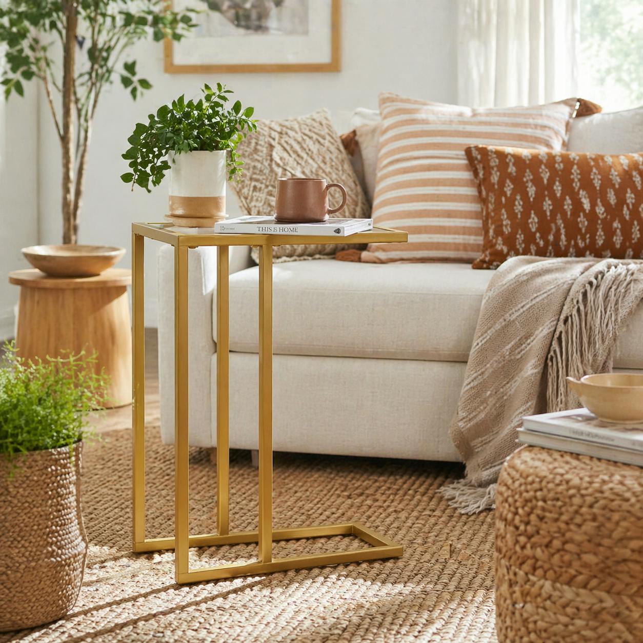 Wyld Haus Gold Ramise Metal And Glass Slim C Shaped Side Table