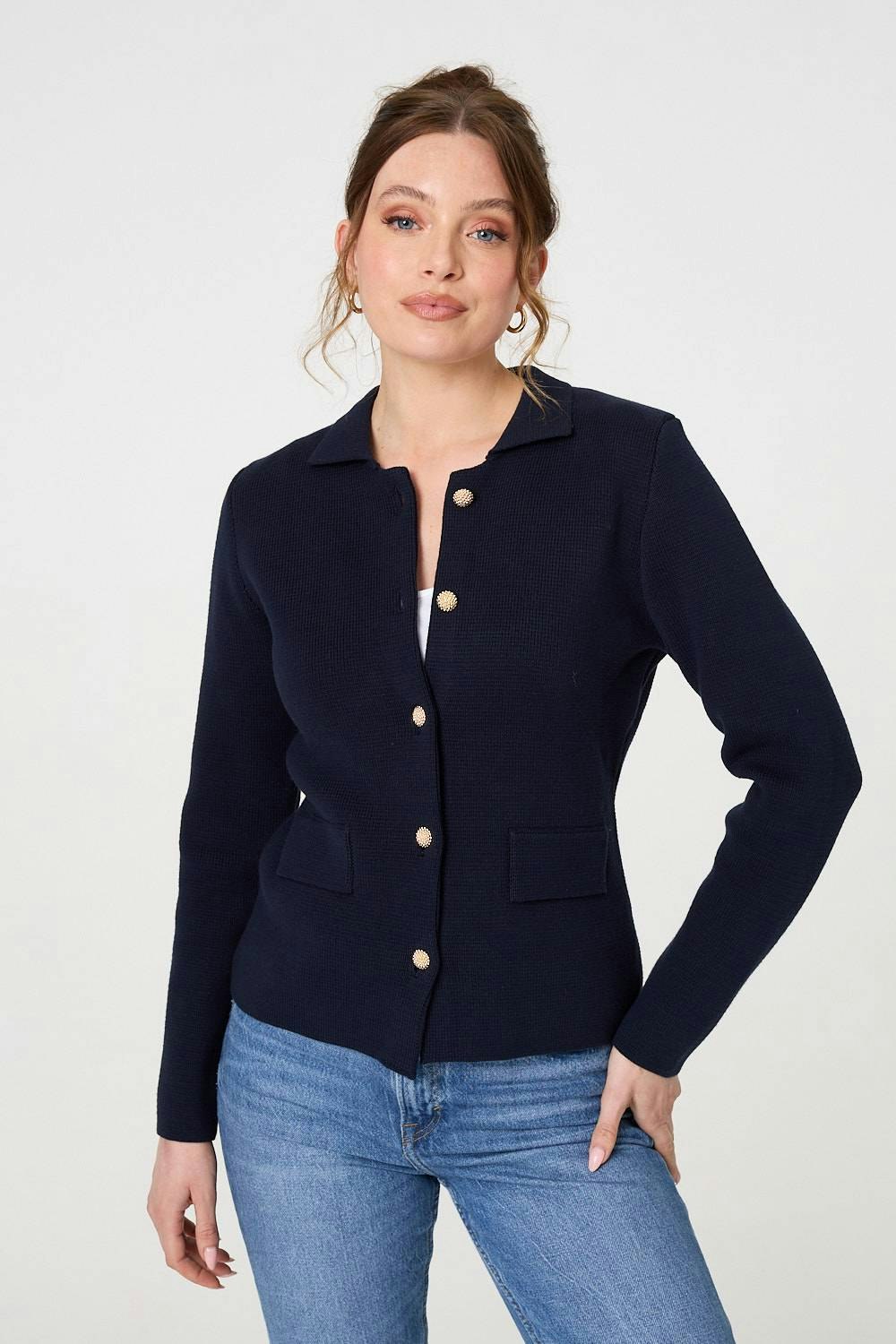 Izabel London Textured Button Front Collared Jacket - Navy - Size 14