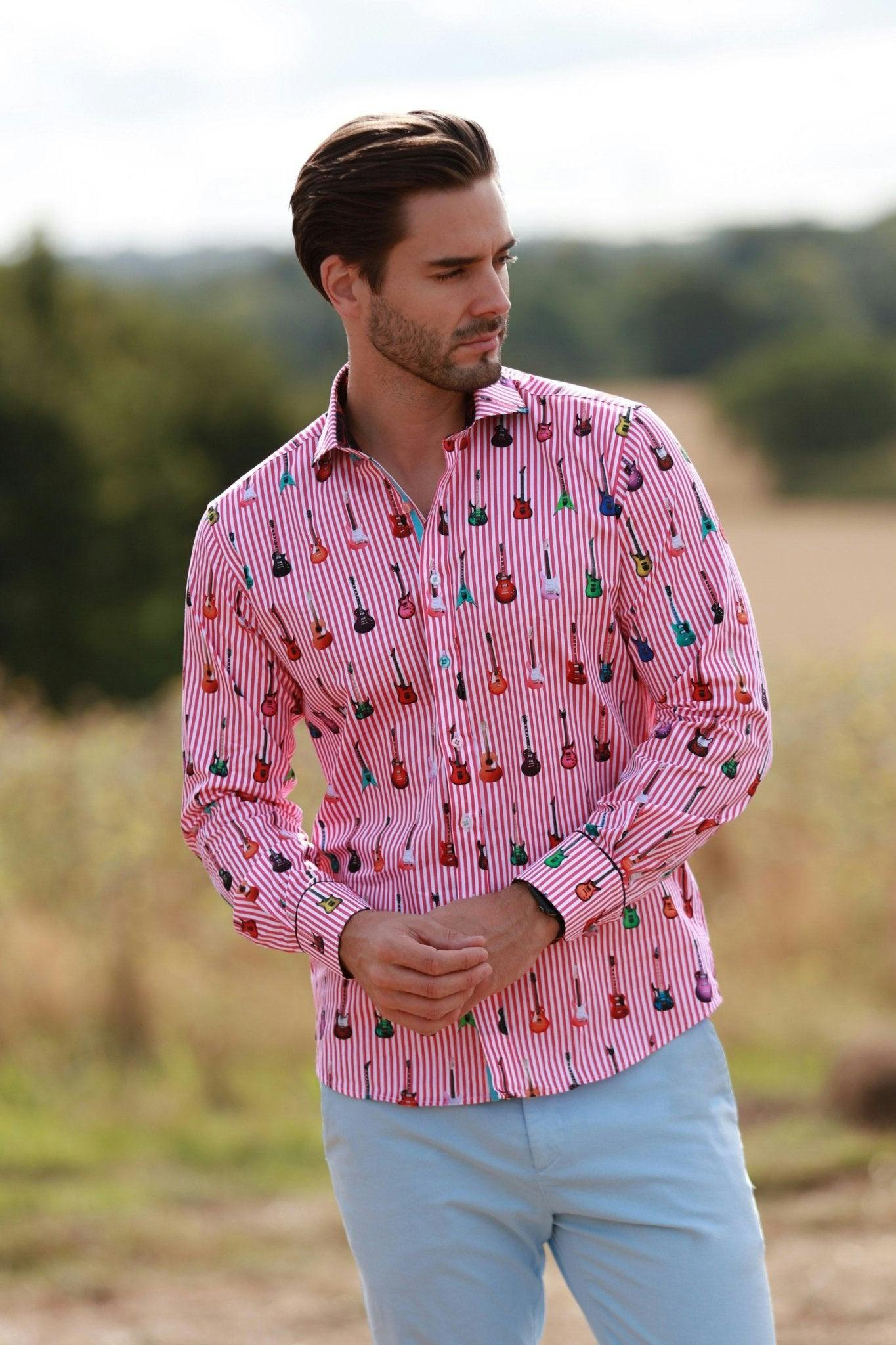 Claudio Lugli Men's Fuchsia Stripe Guitar Print Shirt - Xl