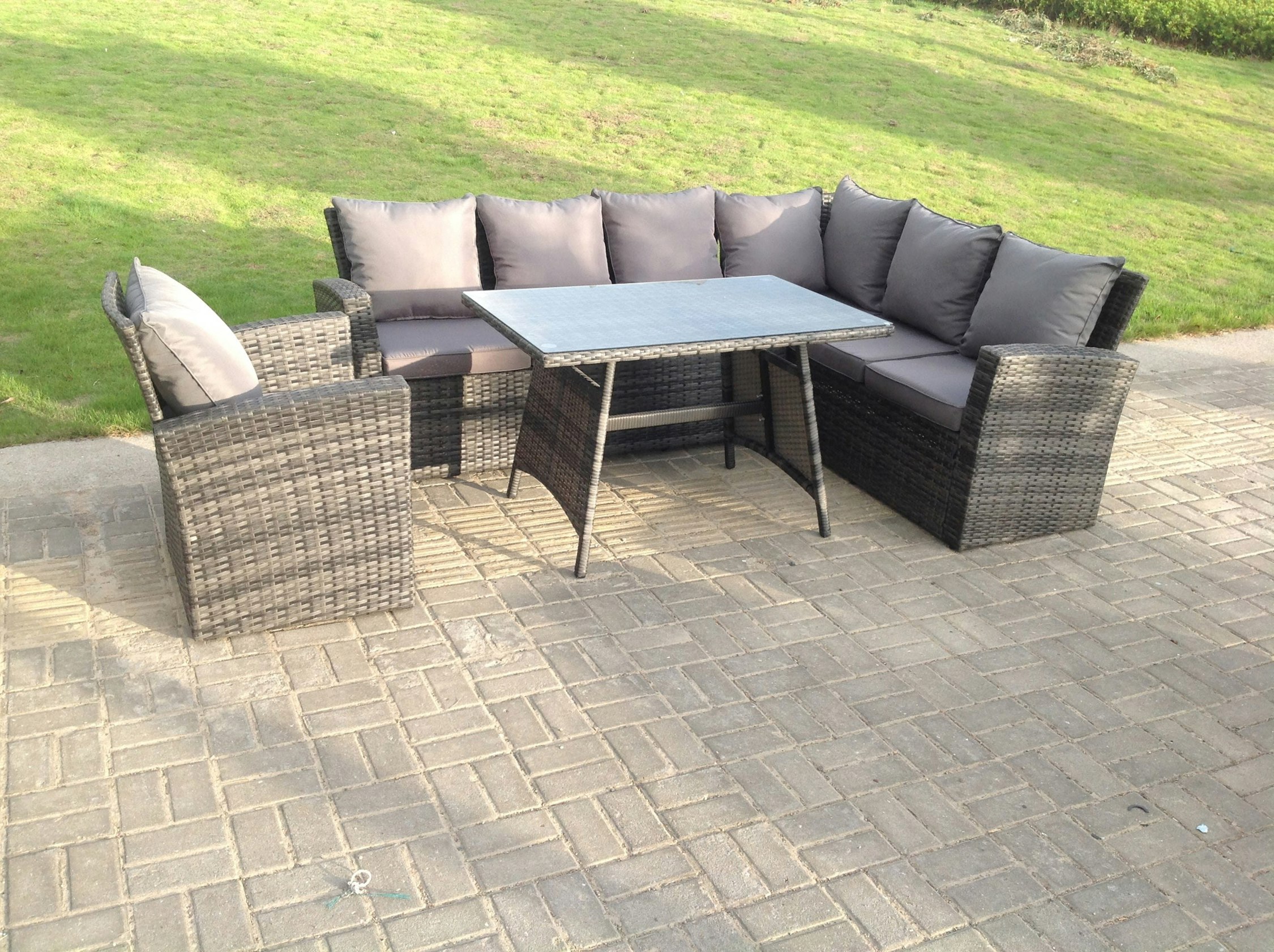 Rackhams Dark/Grey 7 Seater High Back Rattan Garden Furniture Set Corner Sofa With Oblong Dining Table And Chair Set