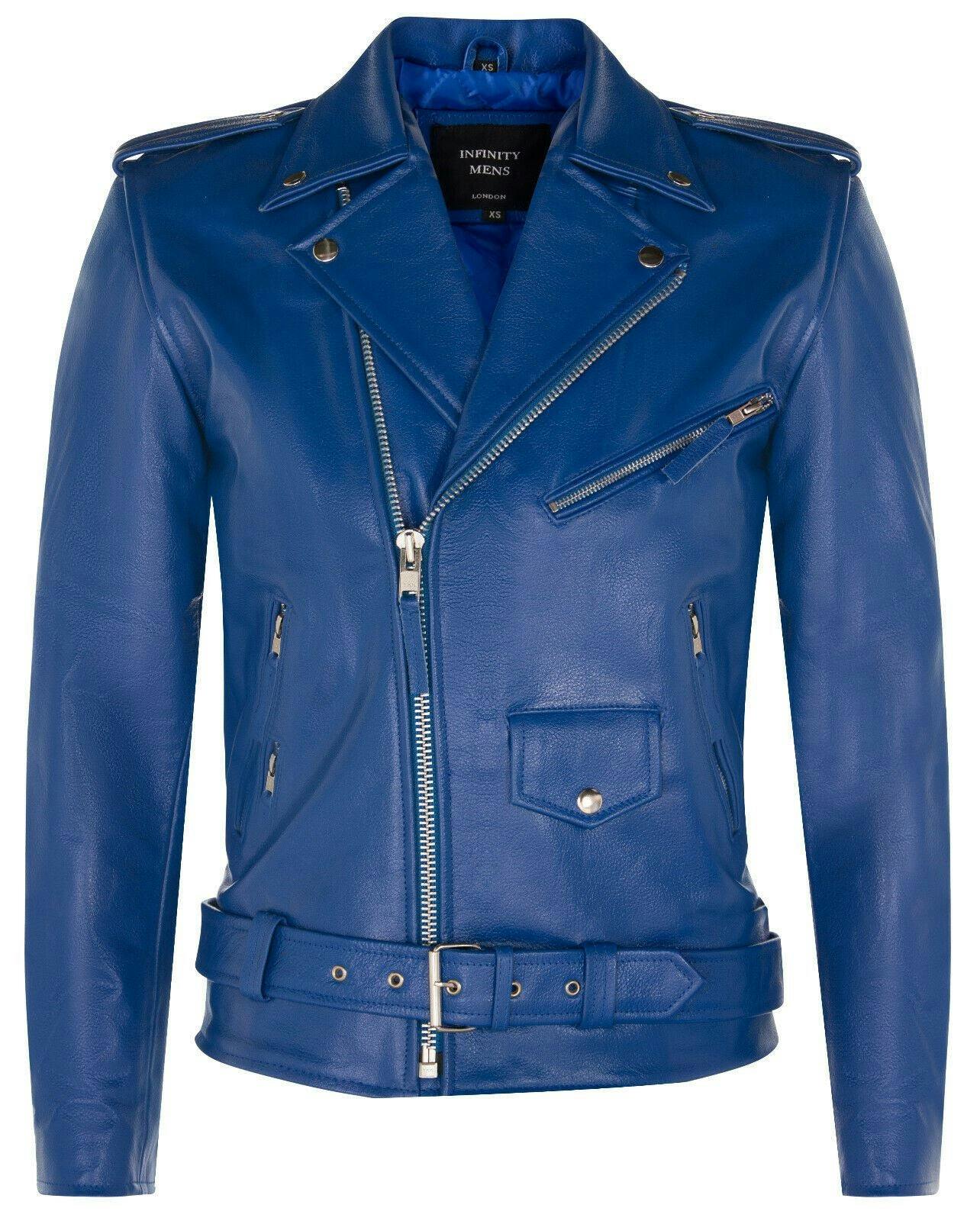 Infinity Leather Men's Black/Blue Cow-Hide Brando Jacket -Venice - Uk S | Eu 46 | Us 36