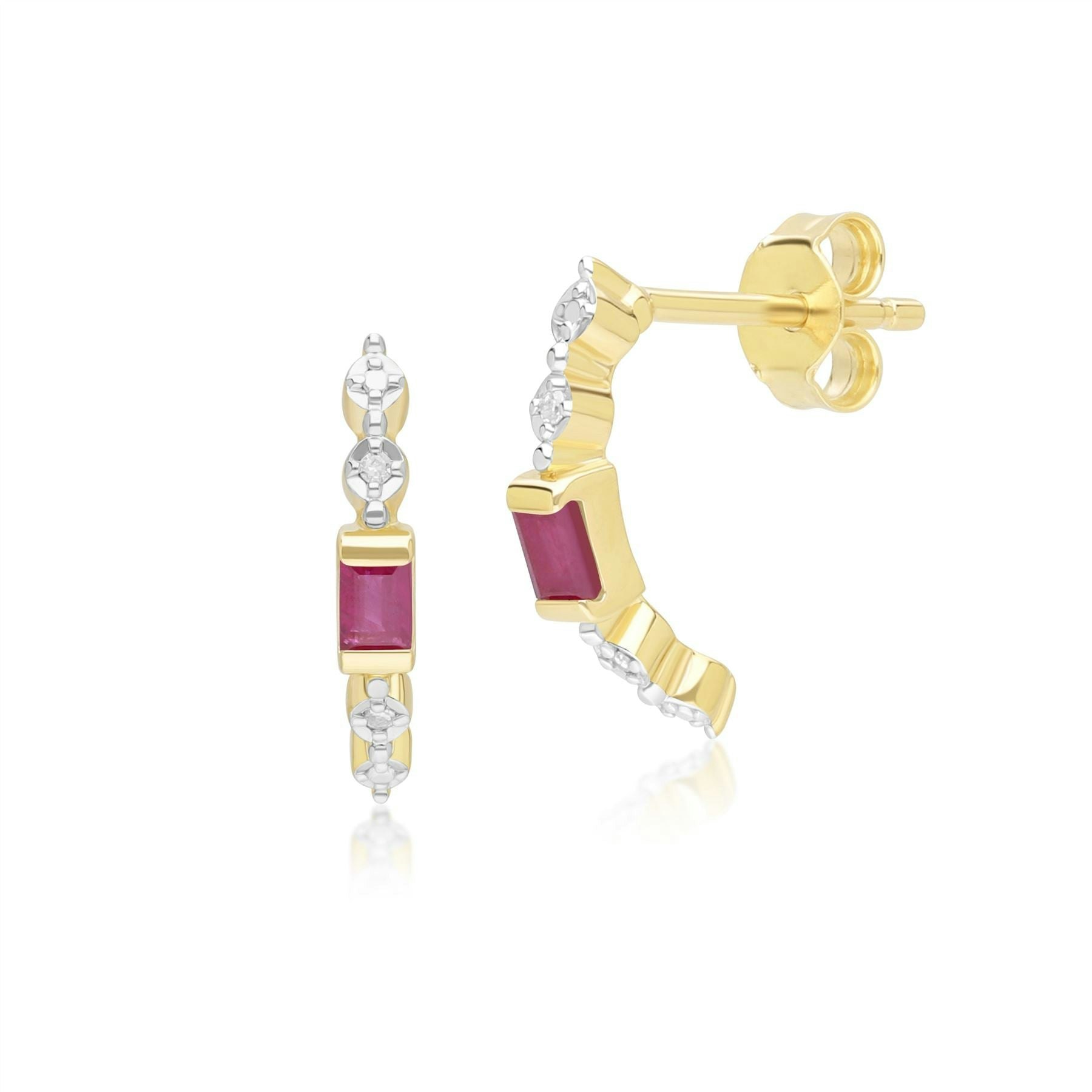 Gemondo Yellow/Gold Classic Baguette Ruby & Diamond Half Eternity Hoop Earrings In 9Ct