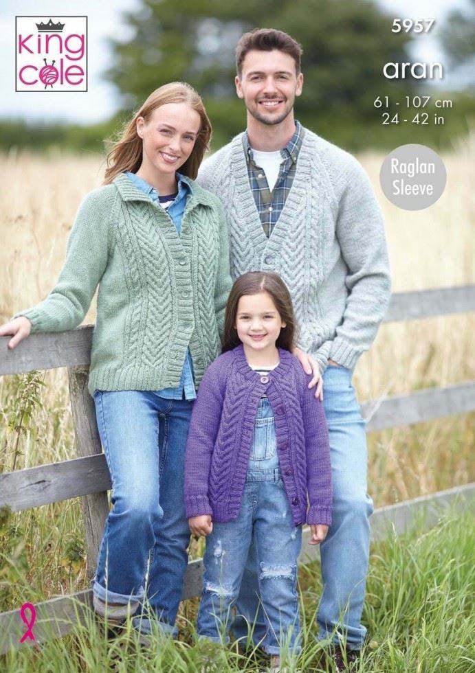 King Cole Girls Wool Aran Knitting Pattern 5957, Cardigans For Kids, Teenagers, Women, Men, 24 - 42 Inches