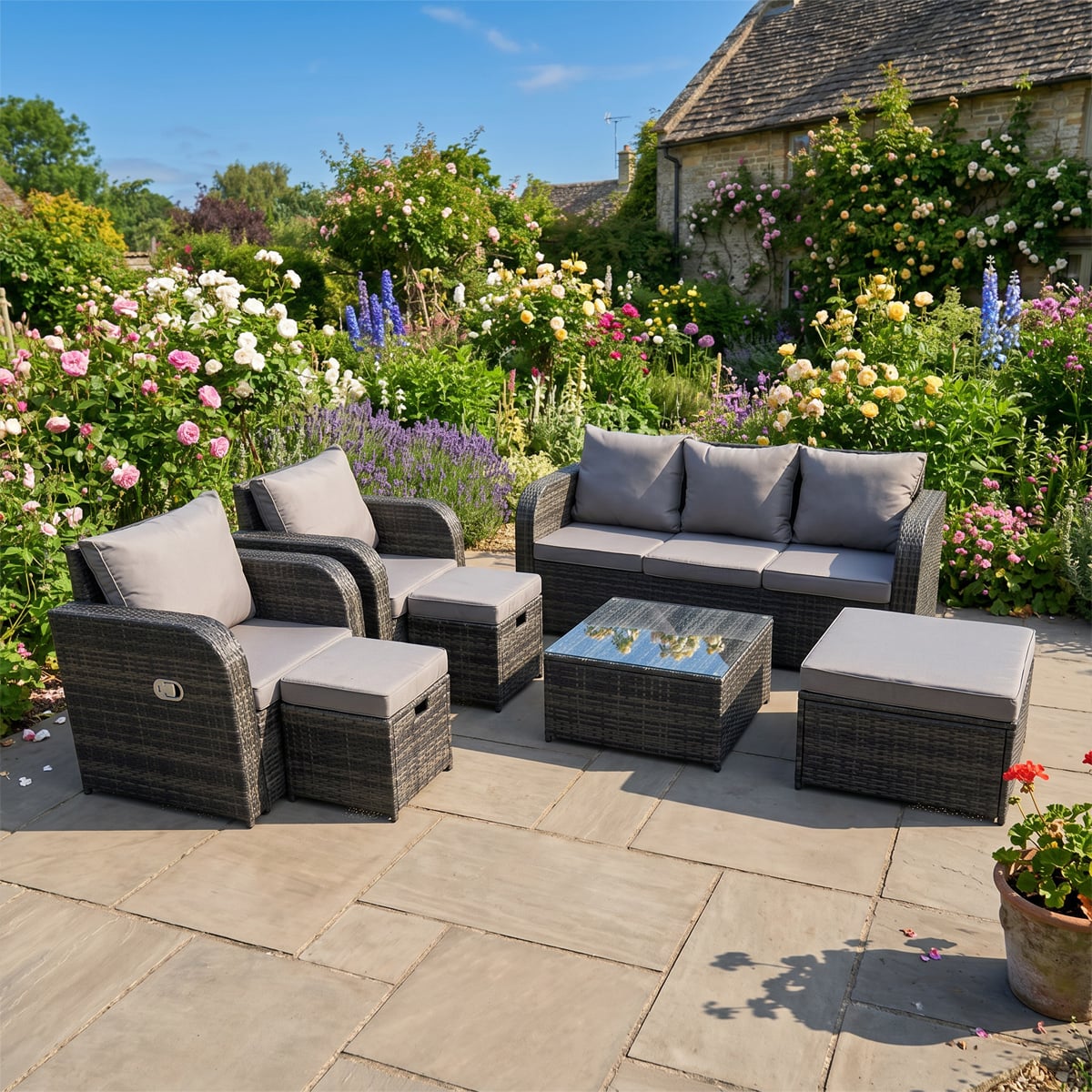Rackhams Dark/Grey 8 Seater Rattan Garden Furniture Set With 2 Reclining Chairs, 3 Seater Sofa, 3 Footstools & Coffee Table - Mixed