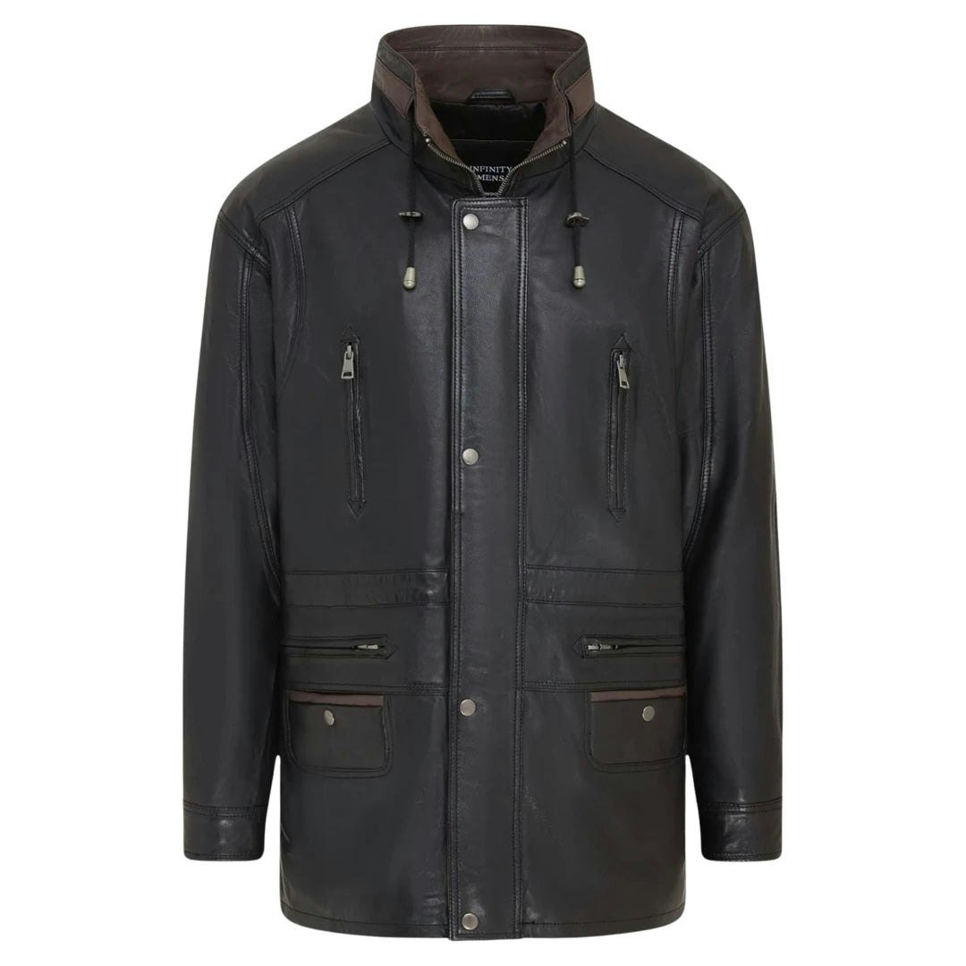 Infinity Leather Men's Black/Brown Leather Company Lambskin Leather Mid Length Jacket - 5XL