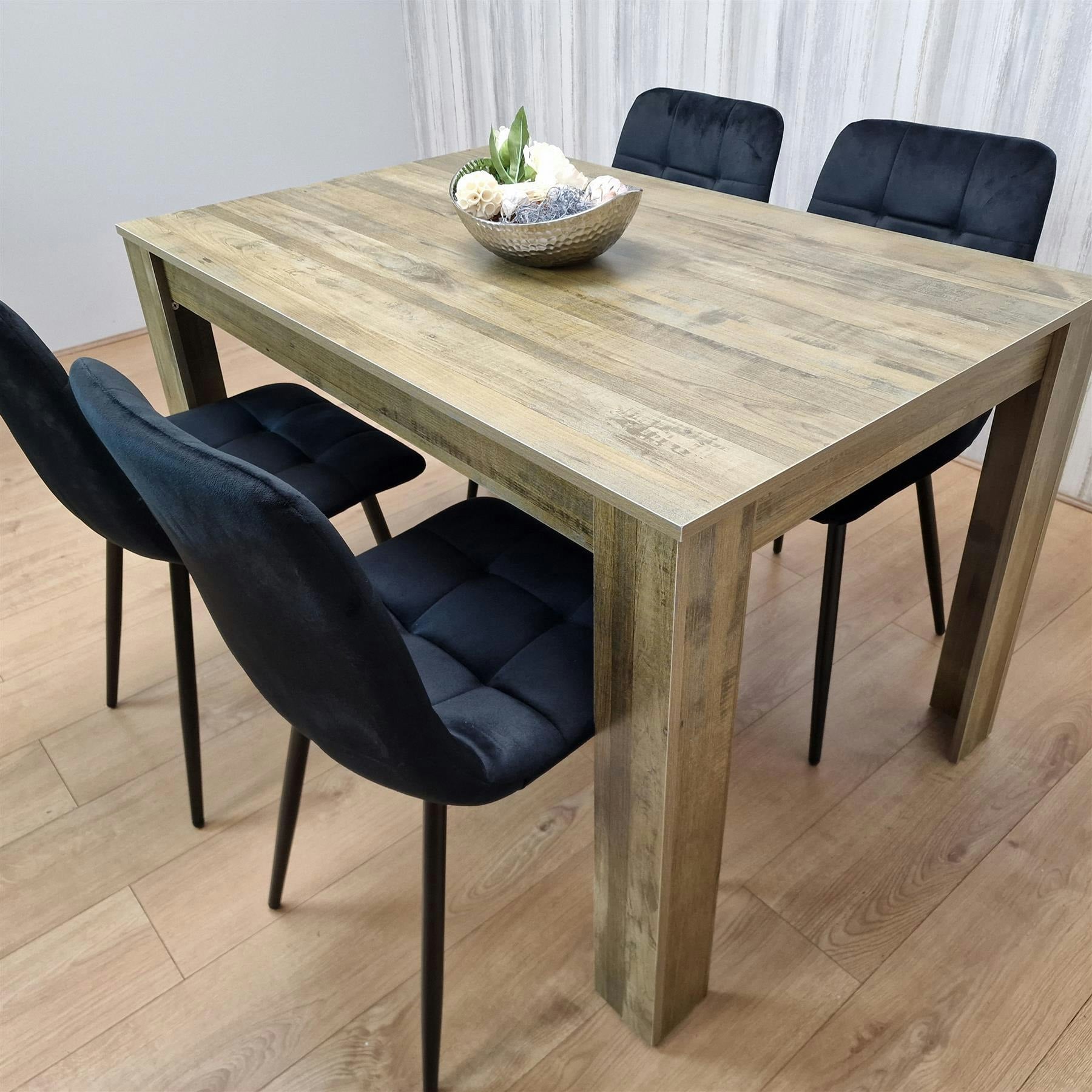 B&Q - Rustic Effect Dining Table Set With 4 Black Velvet Chairs4 Seater Dining Room Furniture Set - Image 6