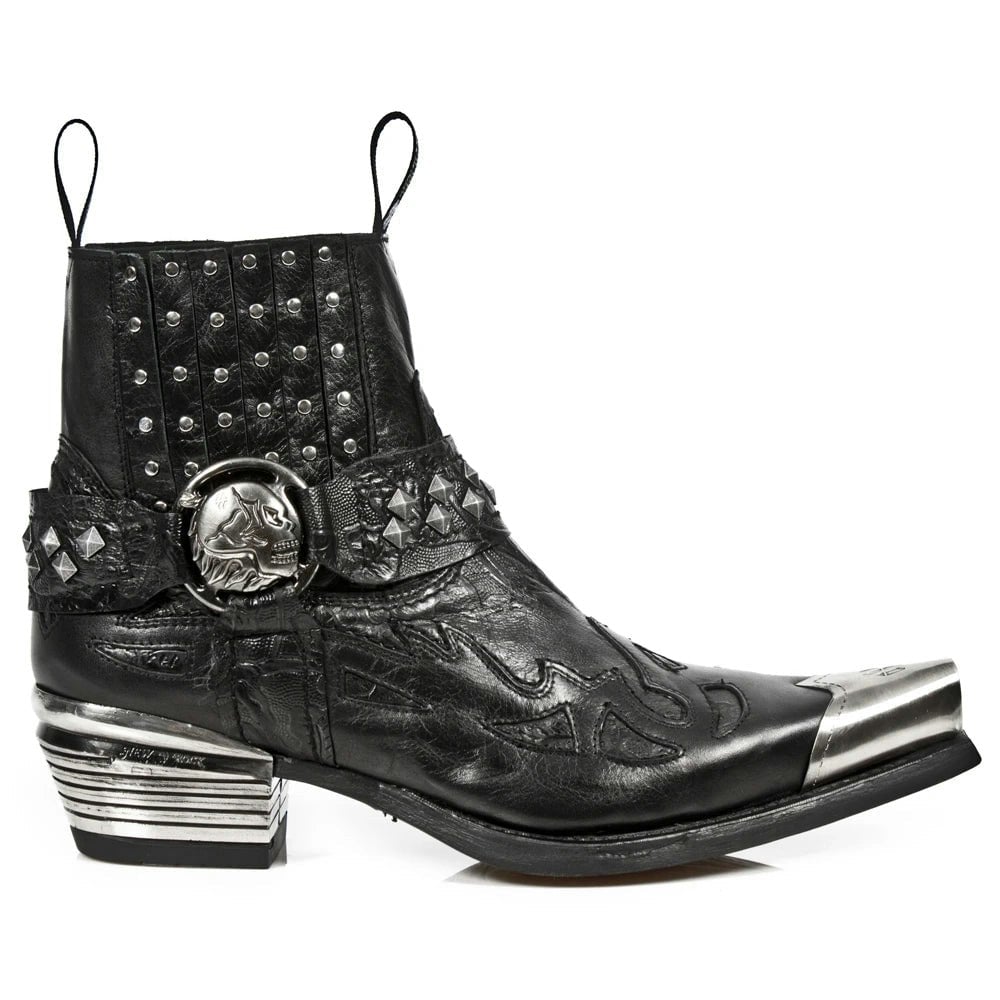 New Rock Black 7950P-S1 Leather Military Cowboy Boots Metal Toe Heel Biker Rock - Eu 45