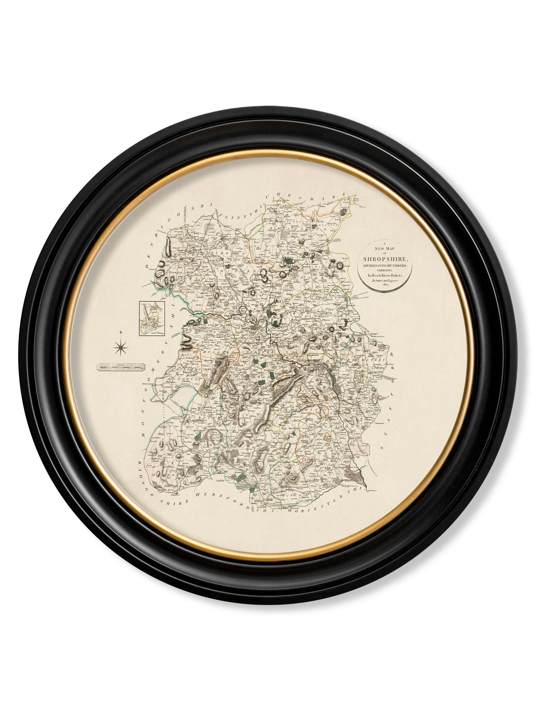 Exceptional Art Black C.1806 County Maps Of England - Round - 70 X 70Cm - Shropshire