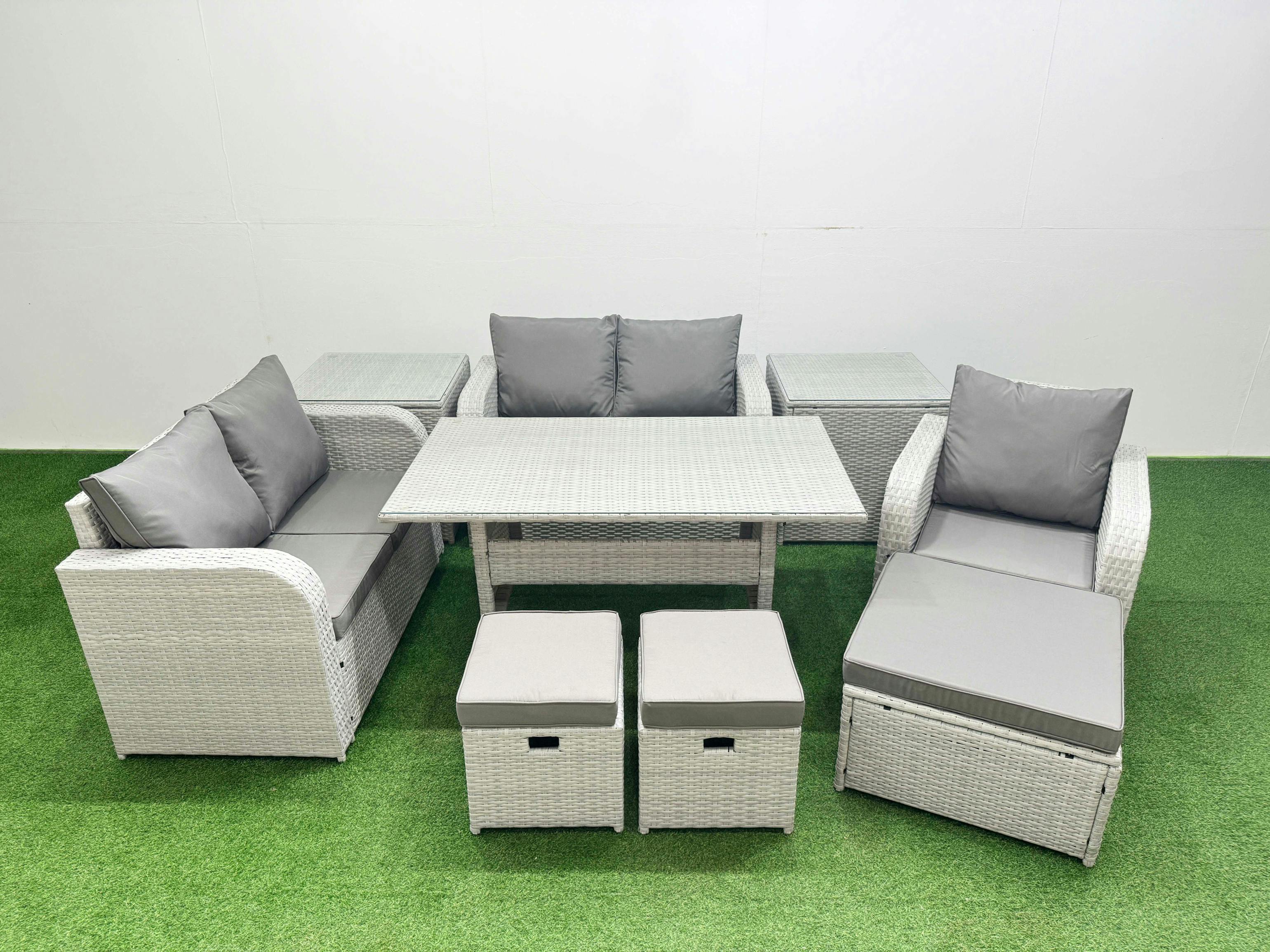 Rackhams Light/Grey High Back Poly Rattan Garden Furniture Set, Reclining Chair, Loveseat, Dining Table, Indoor Outdoor, 3 Stools, 2 Side Table,