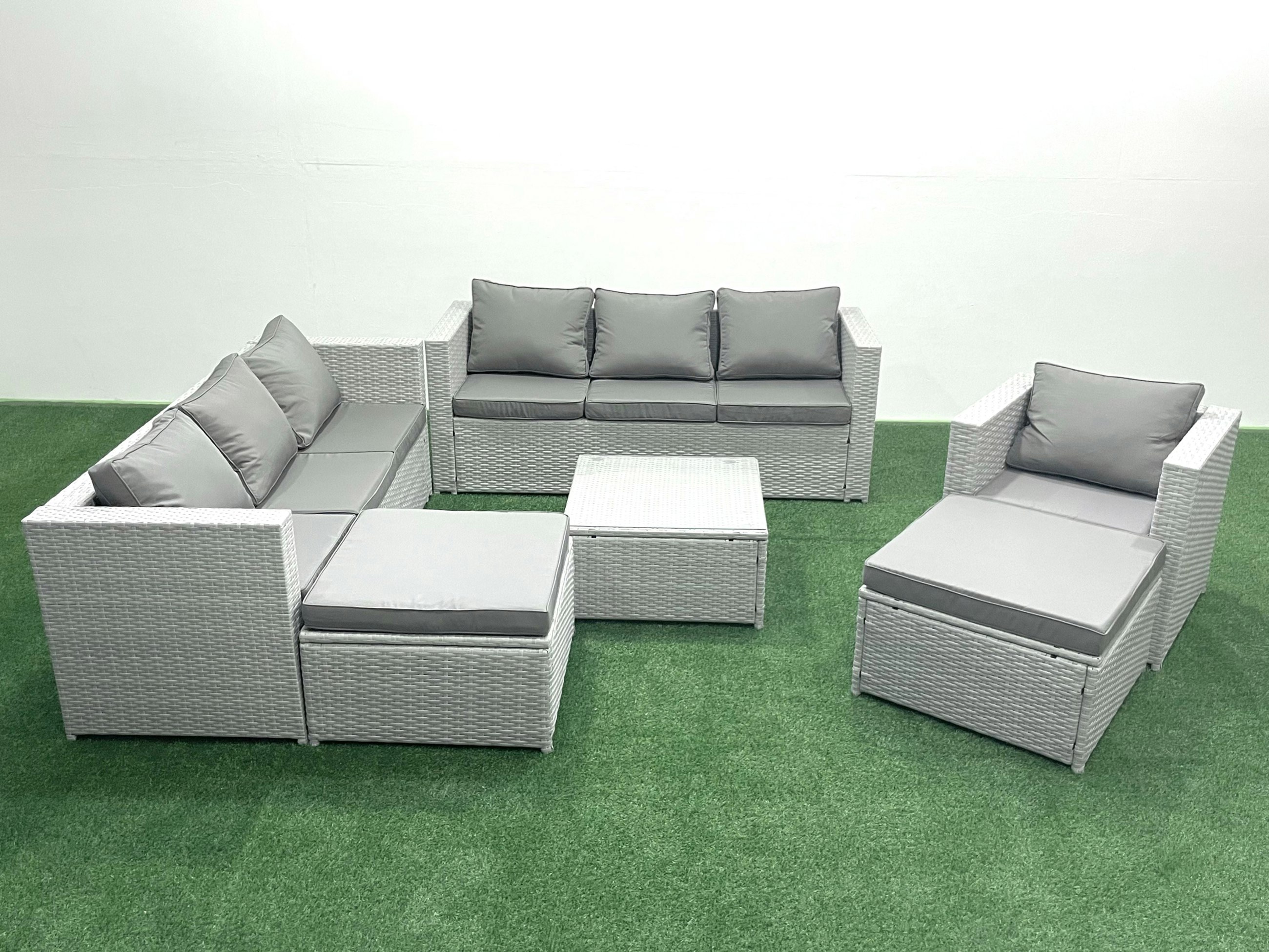 Fimous Light/Grey Wicker Pe Rattan Sofa Garden Furniture Set With Armchair Square Coffee Table 2 Big Footstools Mixed