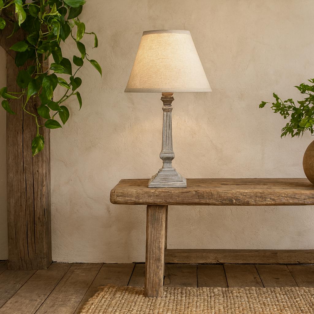 Rackhams White/Cream Collioure Washed Wooden Pedestal Table Lamp With Linen Shade